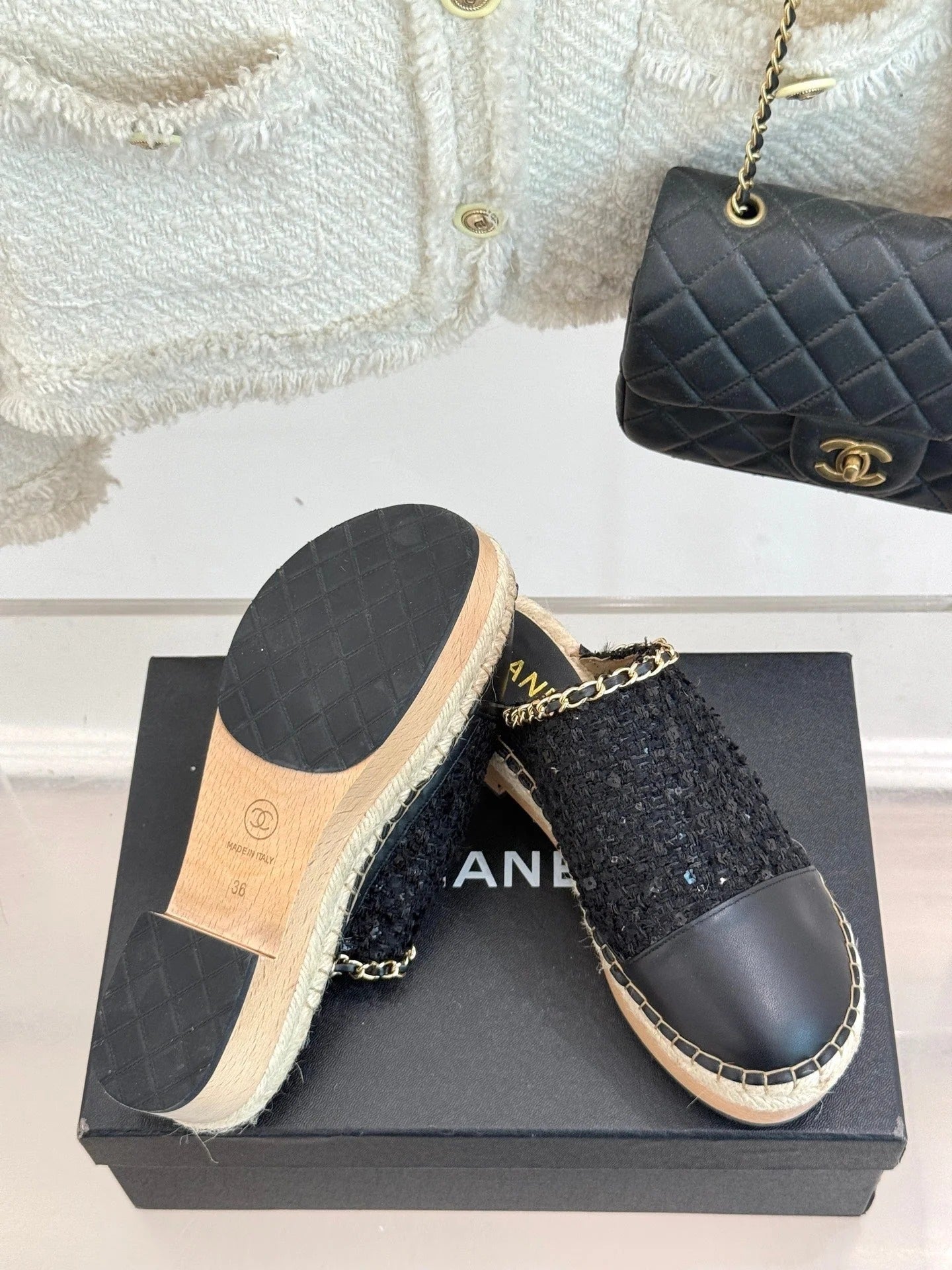 CC Mules 25ss 30 Mm In White Lambskin Mix Pastel Pink Tweed