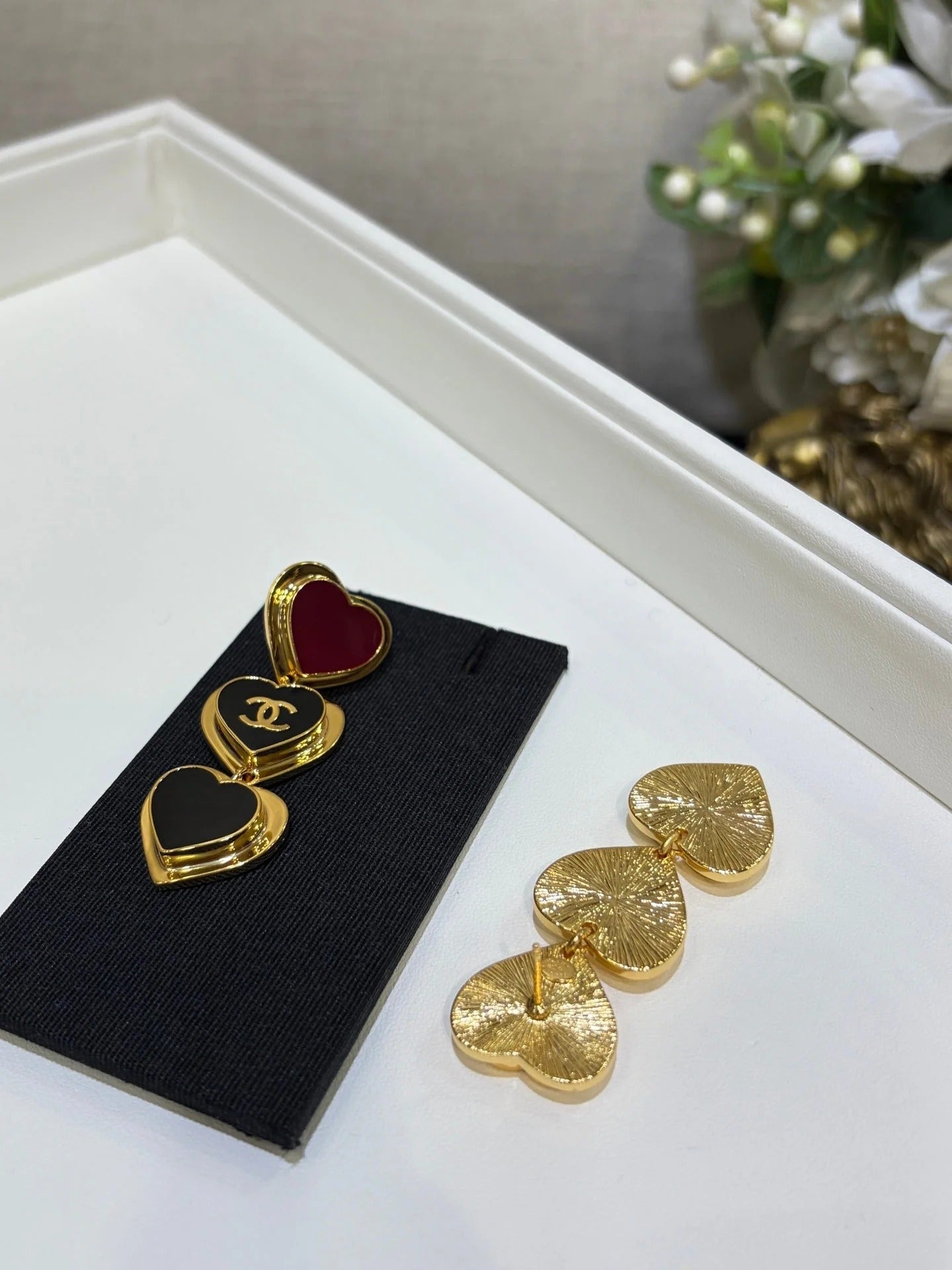 Chanel 2026 Gold Double C Black Heart Enamel Long Stud Earrings