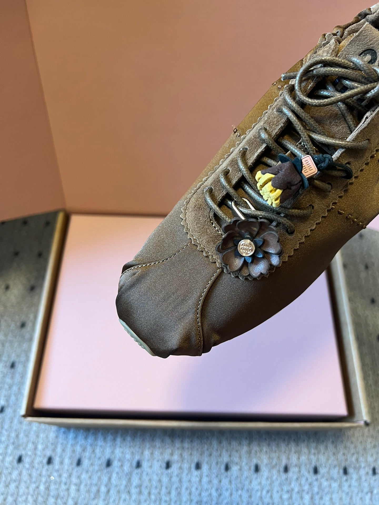 Miu Miu 2026 Plume Sneaker With Floral Charm Brown Satin 621344