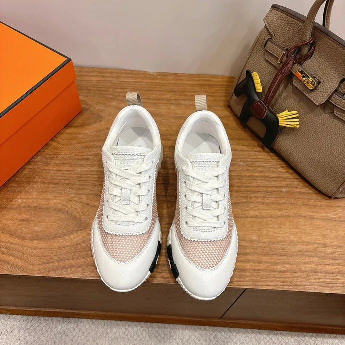 HM 26ss Sneakers White Beige Cowhide Fabric 638565