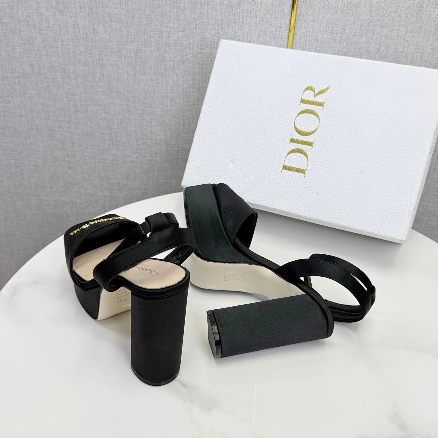 CD 26s Platform Sandals 80 Black Beige Satin Sheepskin 640230