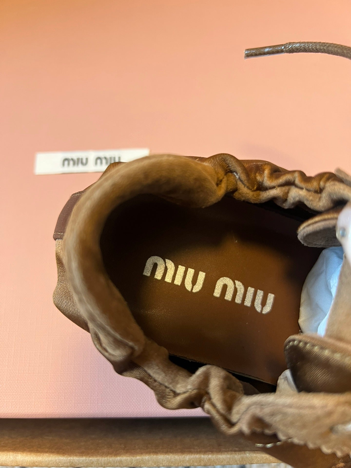 Miu Miu 2026 Plume Sneaker With Floral Charm Brown Satin 621344