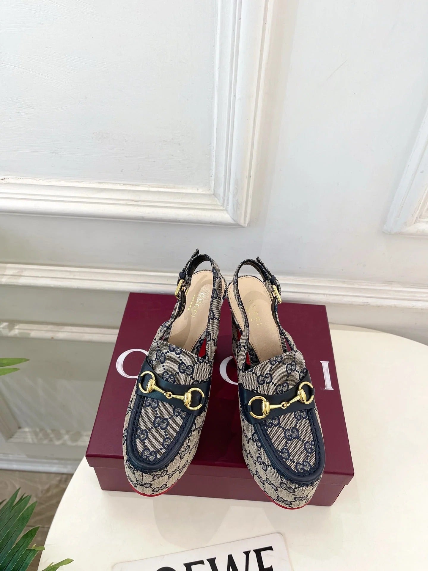 GG 26SS Platform Sandals 130 Gray Blue Monogram Fabric Sheepskin 640266