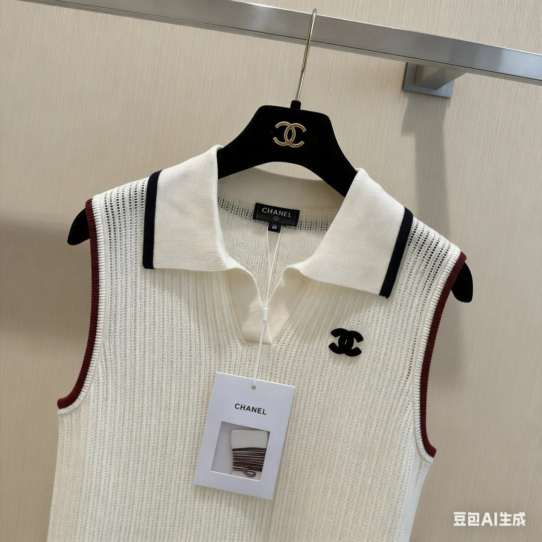 Chanel 2026 Cream Sleeveless Knit Polo Vest Acrylic 230239