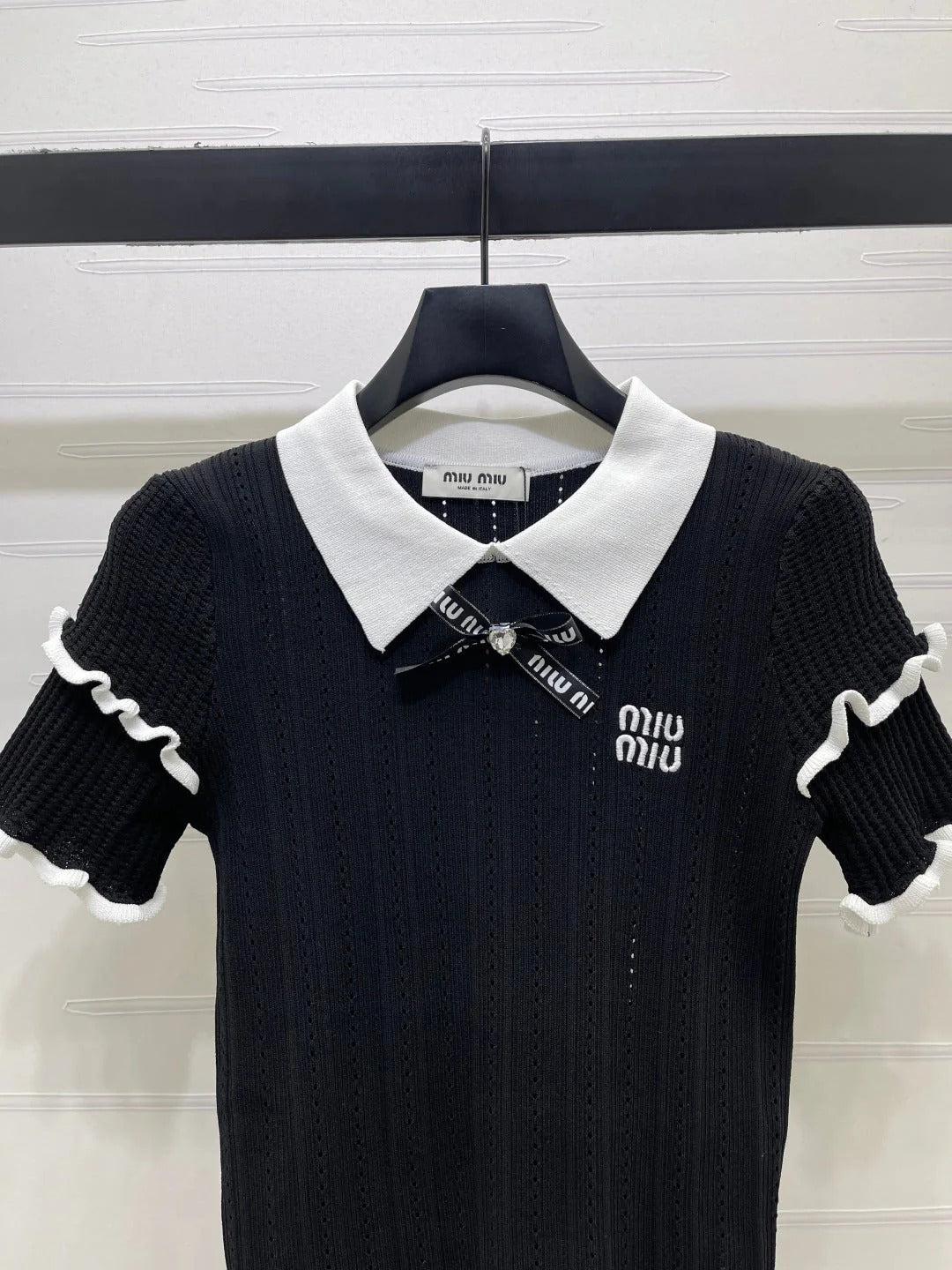 Miumiu 2026 Knitted Polo Shirt With Black Bow Wool Cashmere 414394