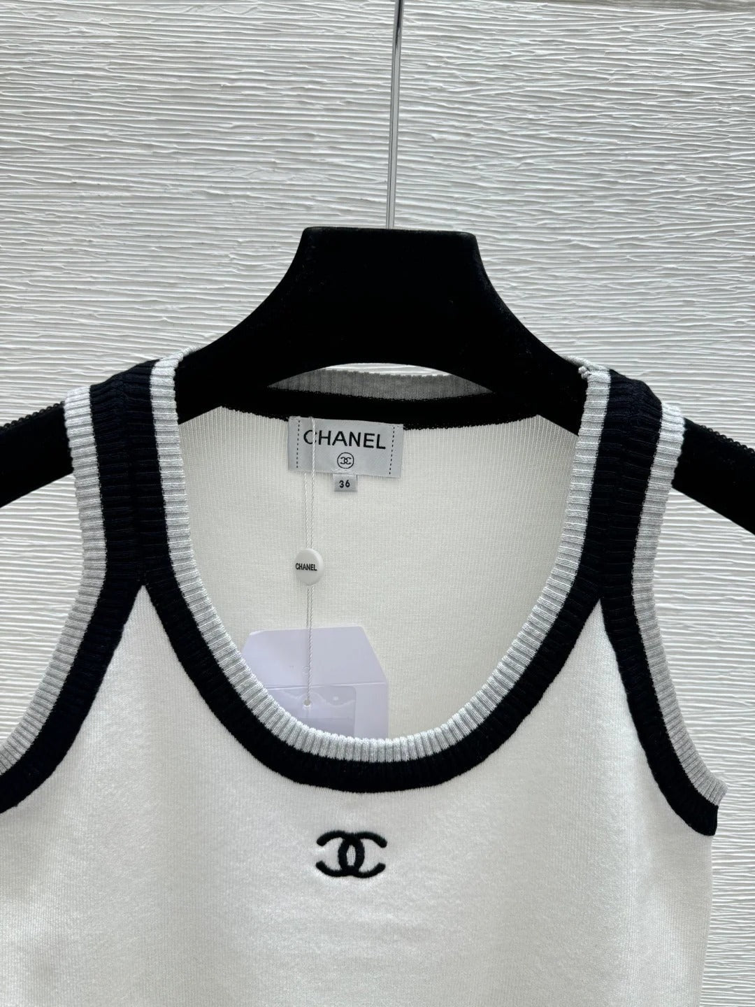 Chanel 2026 Tank Top White and Navy Blue Wool Nylon