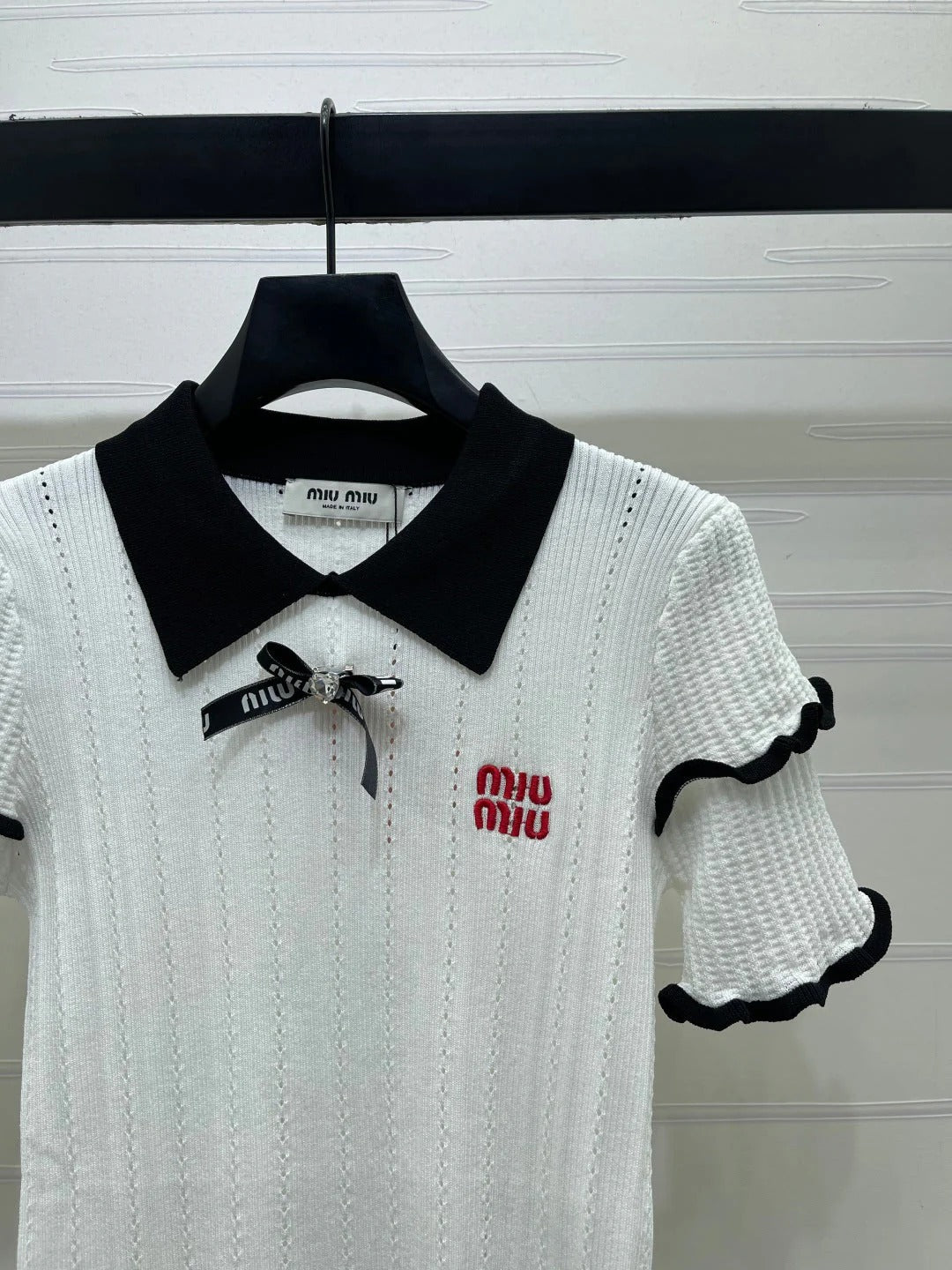 Miumiu 2026 Knitted Polo Shirt With Black Bow Wool Cashmere 414394