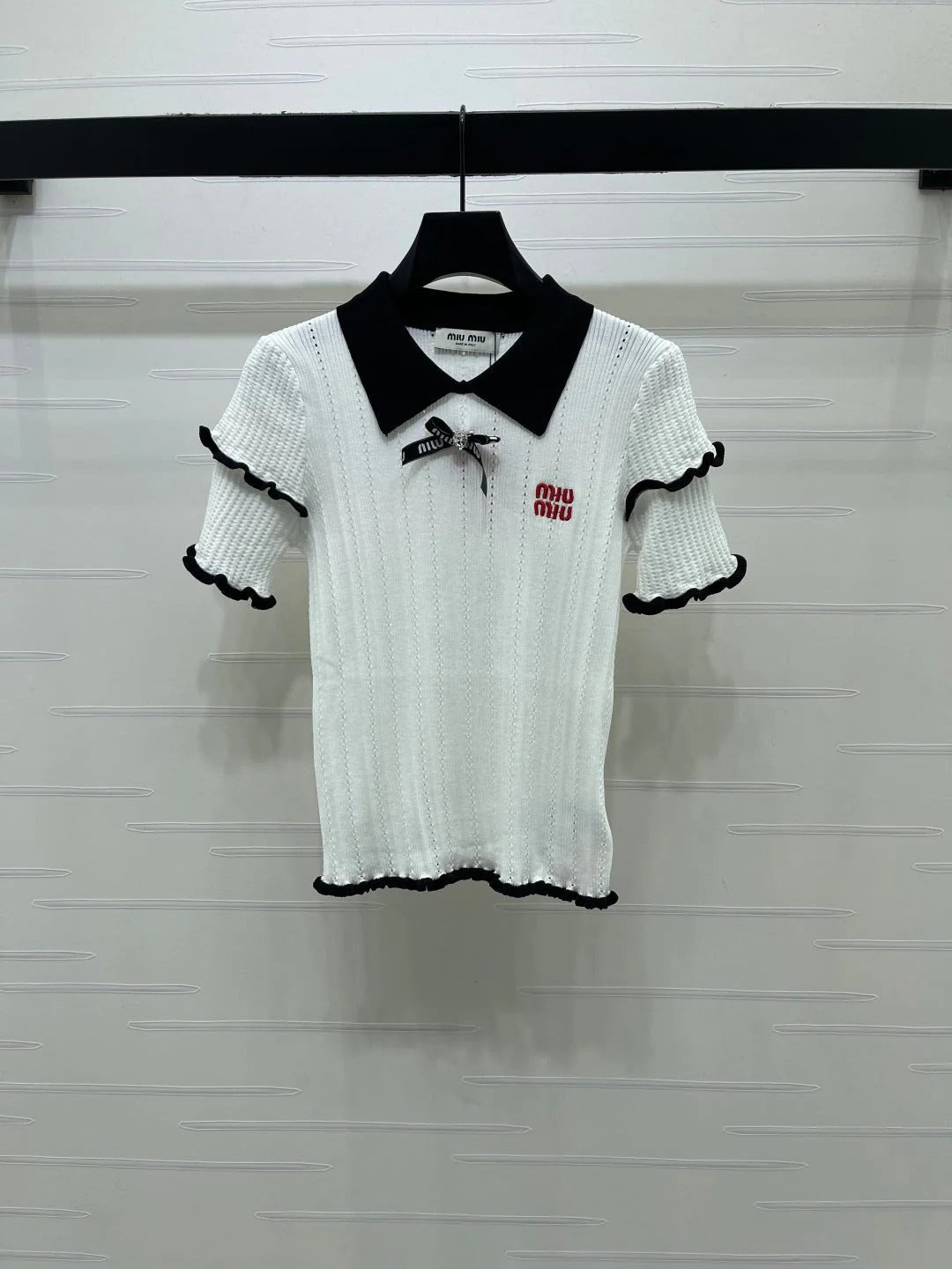 Miumiu 2026 Knitted Polo Shirt With Black Bow Wool Cashmere 414394
