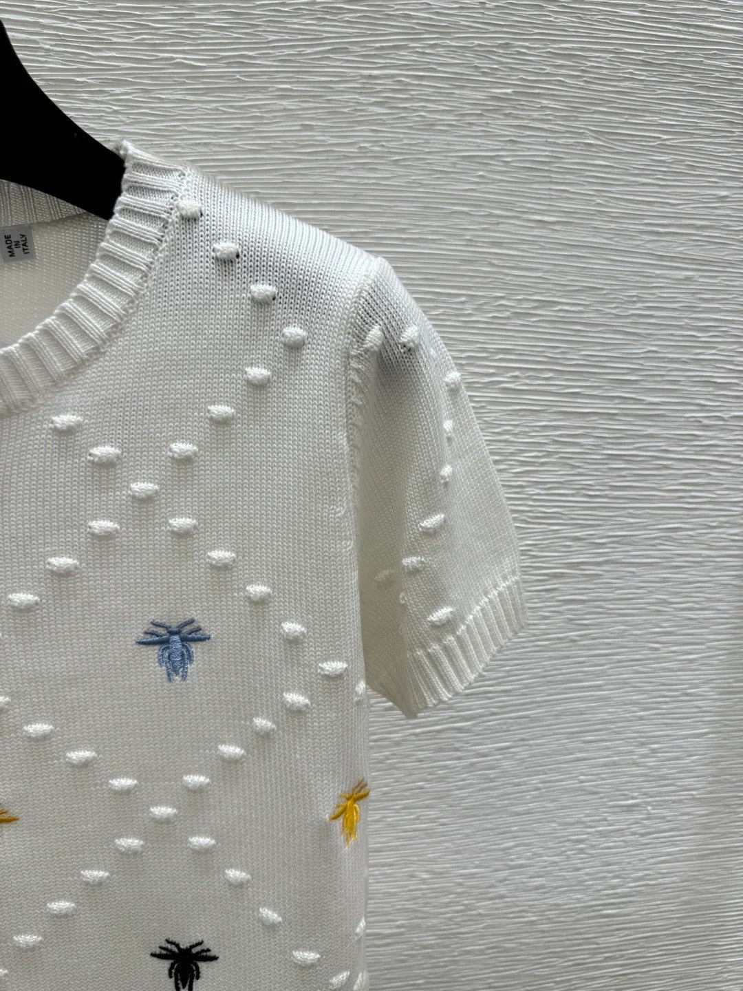 Dior 2026 Bee Round Neck Knitted Short Sleeve T-shirt Blue and White Wool