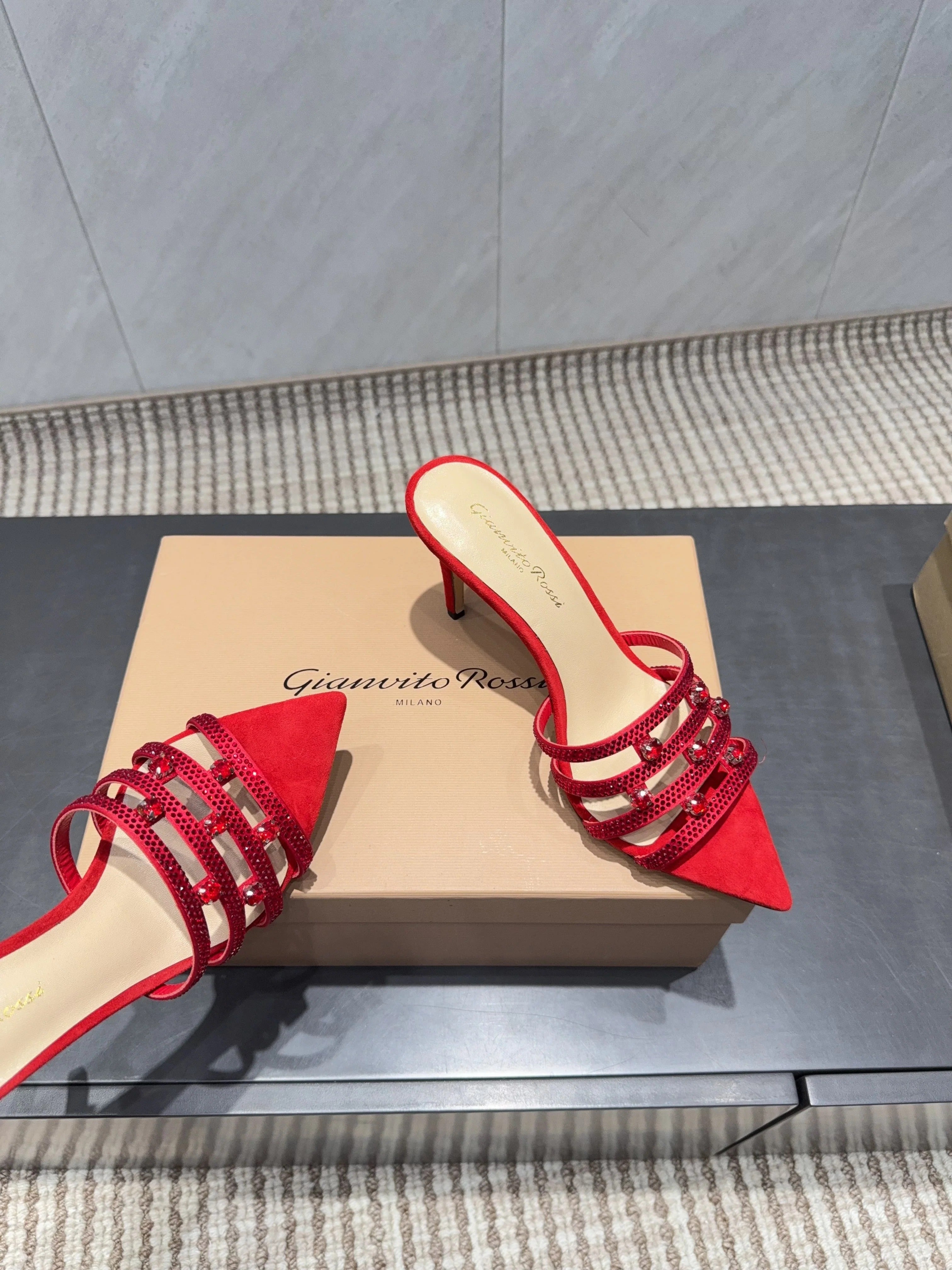 Gianvito Rossi 26SS High Heeled Sandals 100 Red Beige Sheepskin 613827