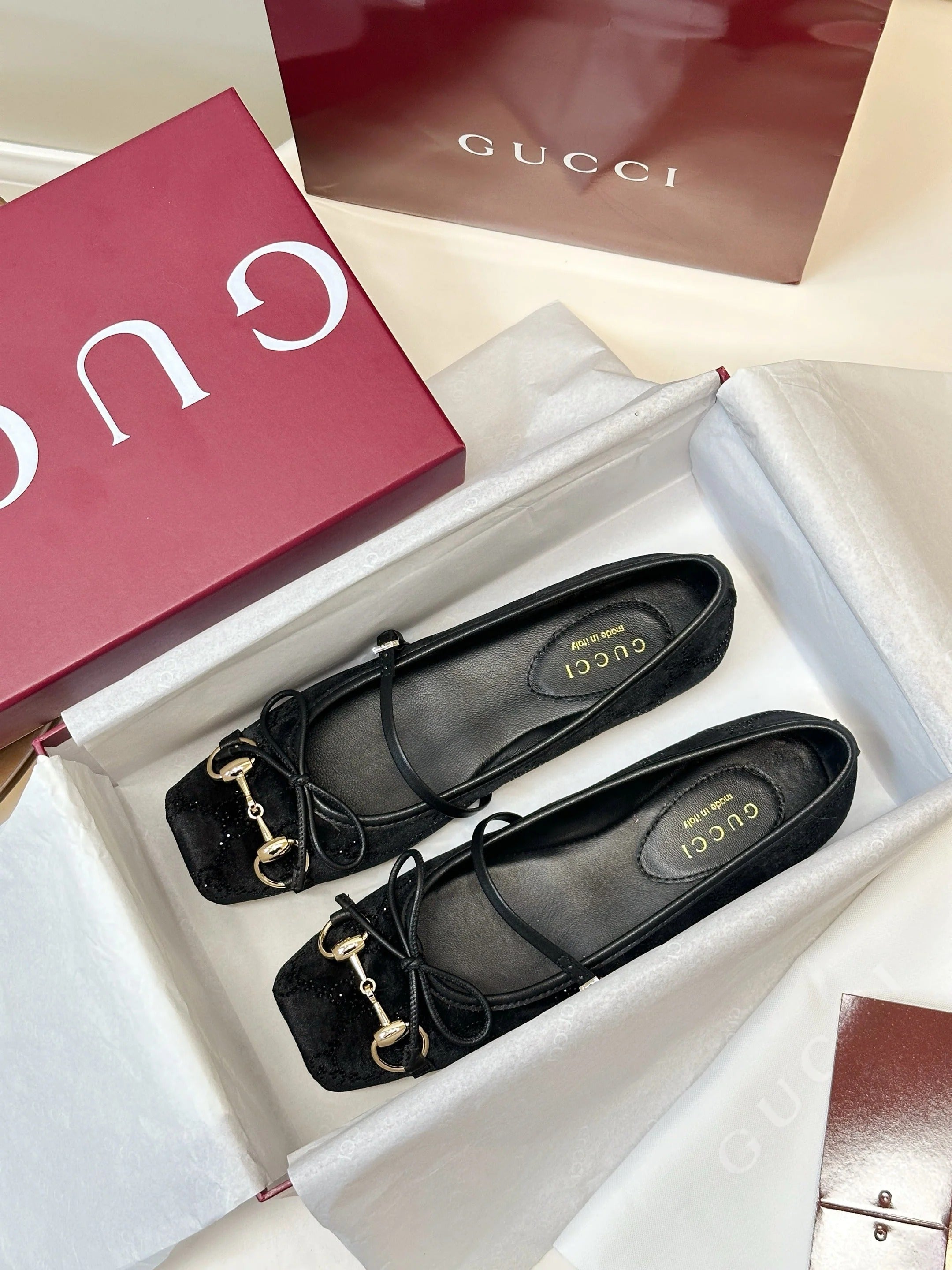 GG 26SS Ballet Flats Rhinestone Black Velvet Sheepskin 645700