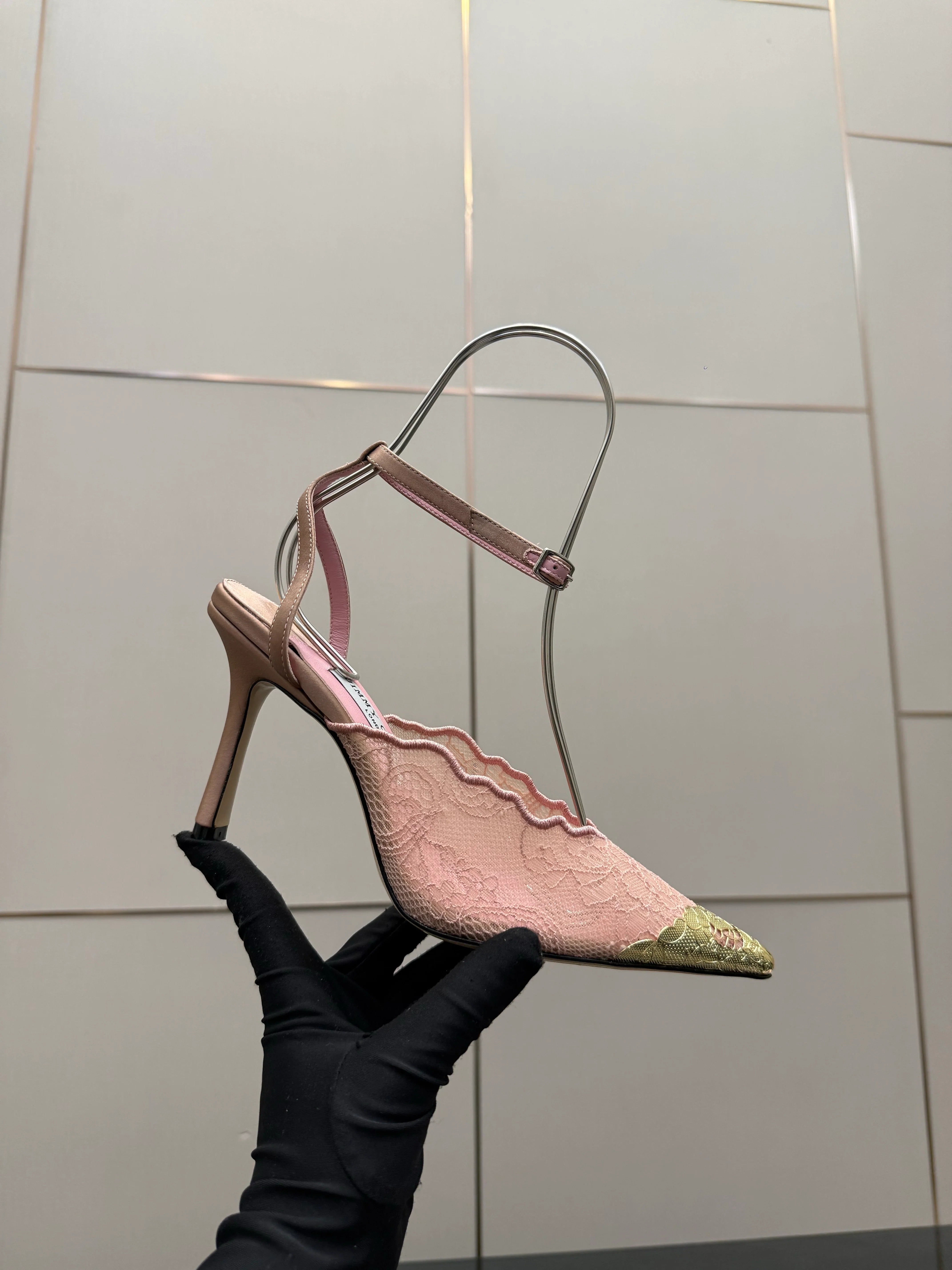 Jimmy Choo 2026 Faiz 100 Pump Pink Gold Lace Metallic 629905