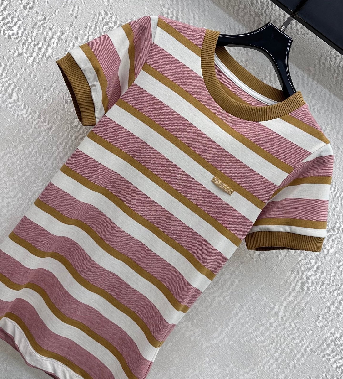 Prada 2026 Bayadere Stripe Short-Sleeve T-Shirt Pink Brown White Cotton