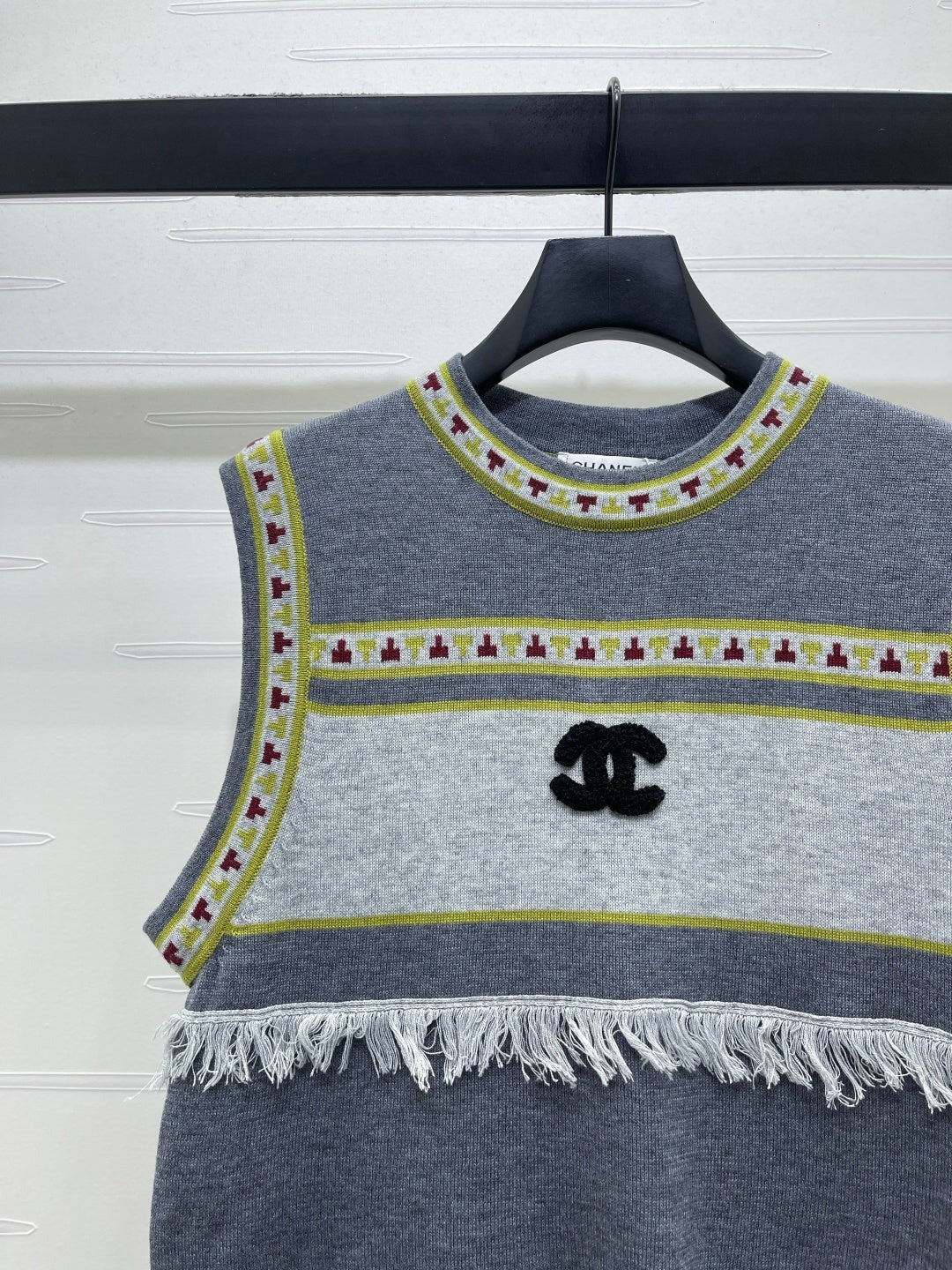 Chanel 2026 Crew Neck Knit Vest Grey and Brown Wool