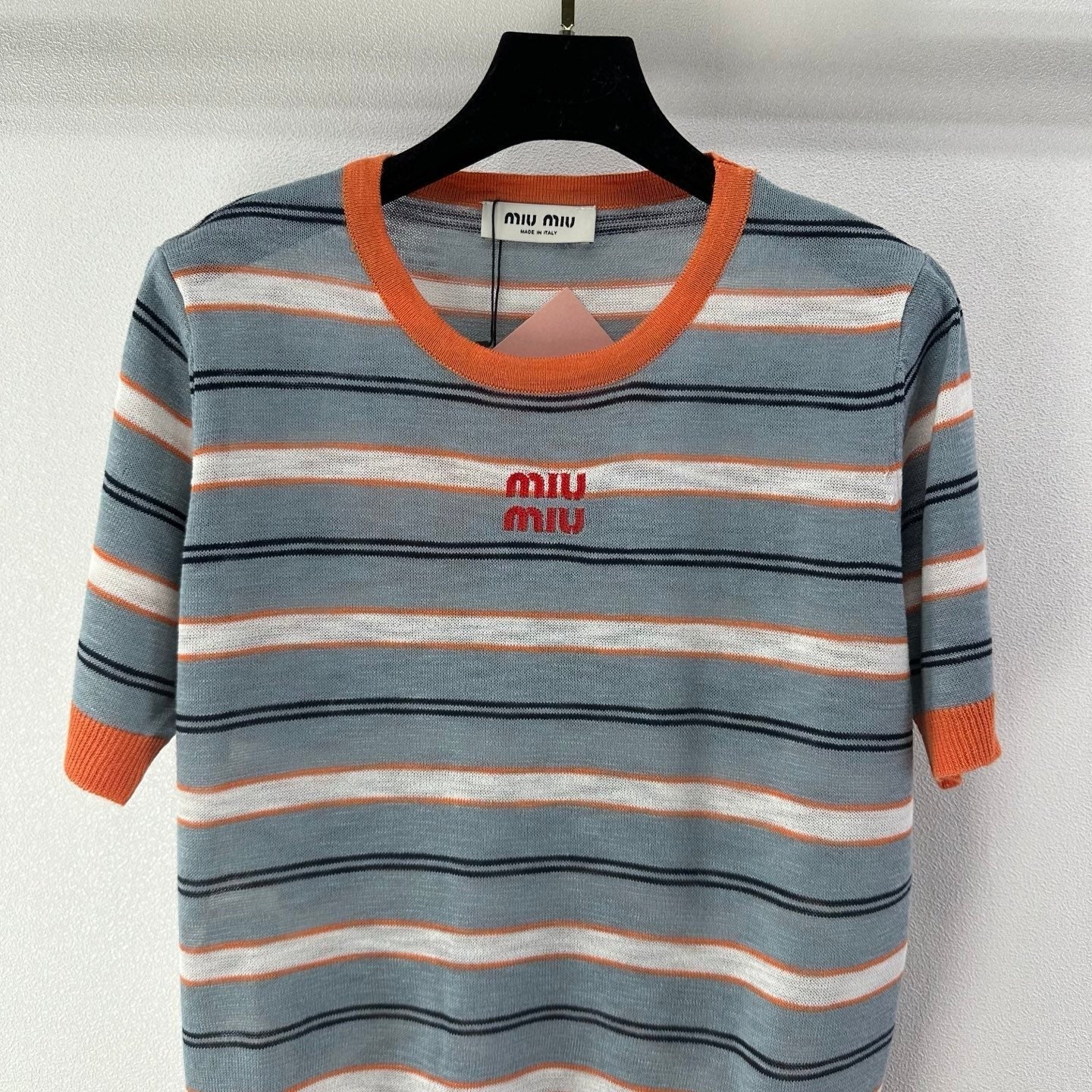 Miumiu 2026 Striped Knit Short-sleeved Top Blue-Grey mix Orange Cotton 395632