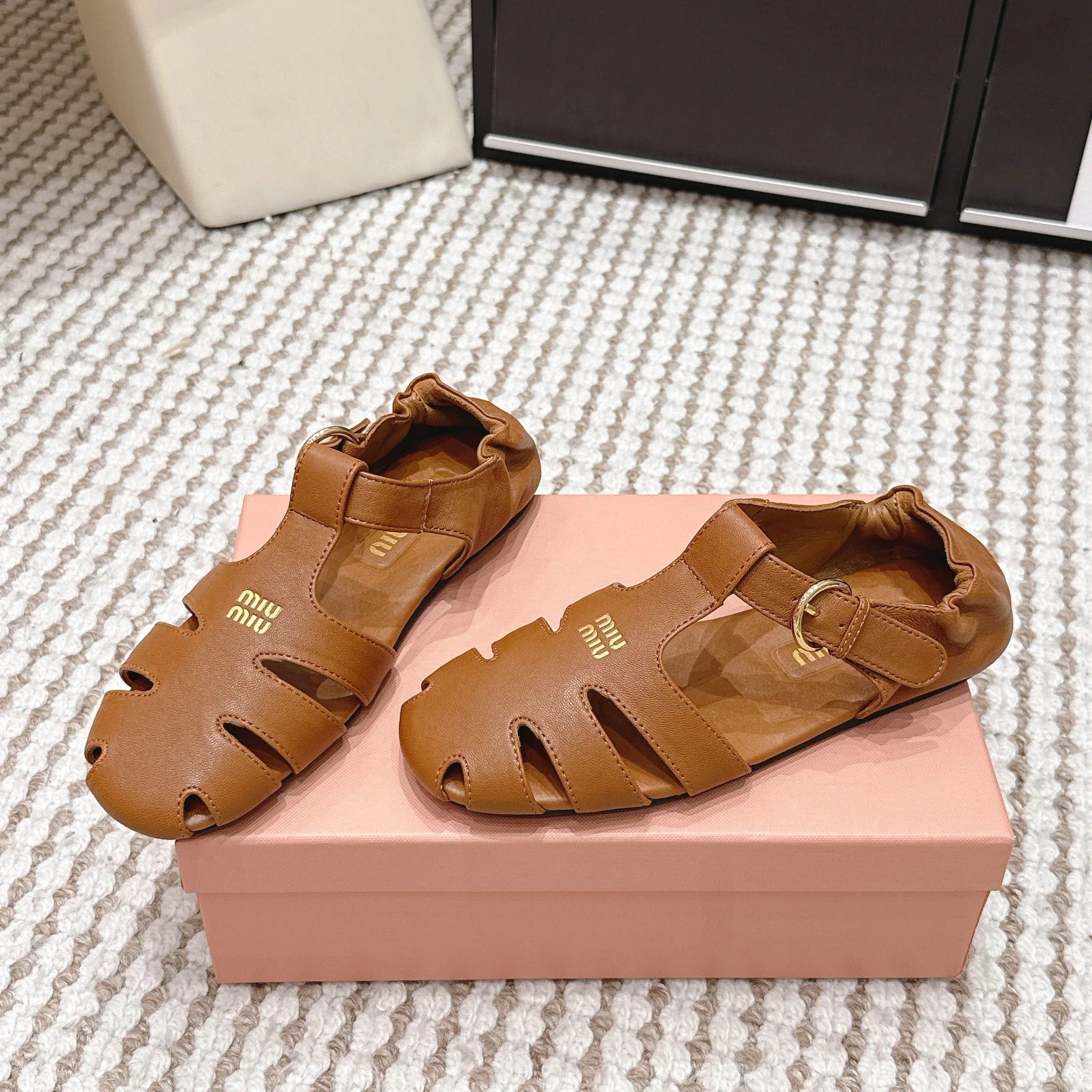 MIU 26 Roman Sandals Camel Brown Leather 632324