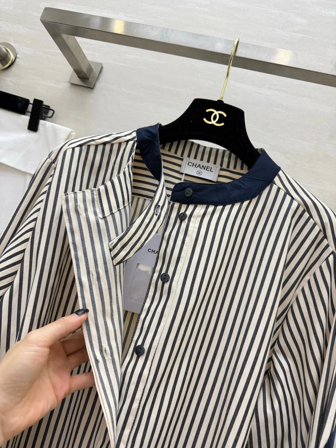 Chanel 2026 Striped Shirt Black White Blue Cotton 391144
