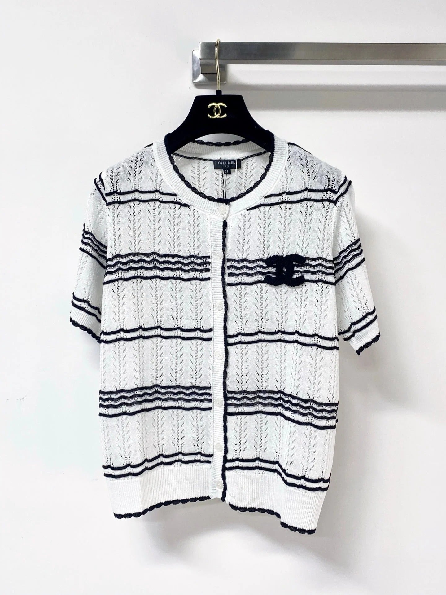 Chanel 2026 Striped Knit Short Sleeve Cardigan Mercerized Wool 435114