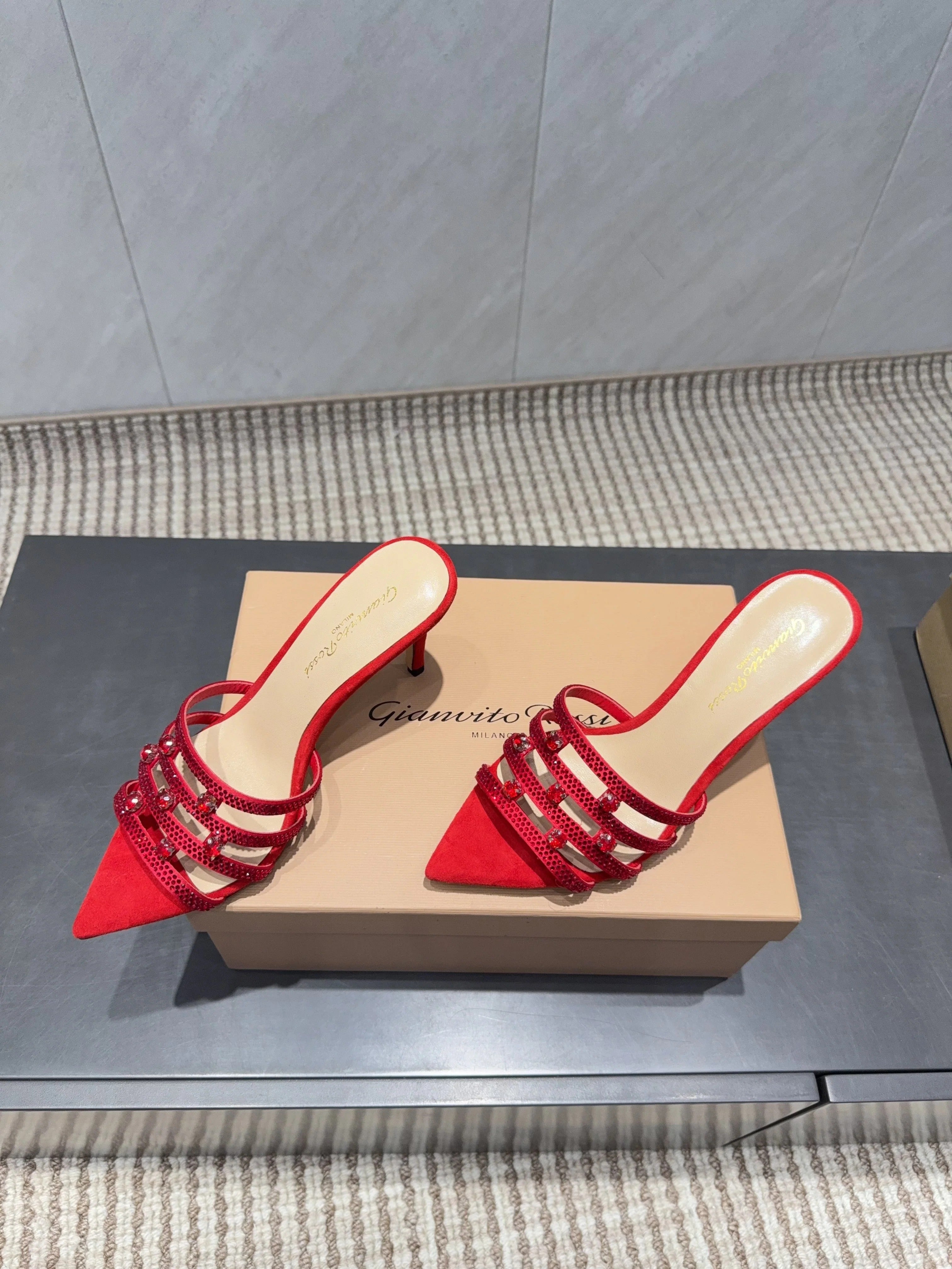 Gianvito Rossi 26SS High Heeled Sandals 100 Red Beige Sheepskin 613827