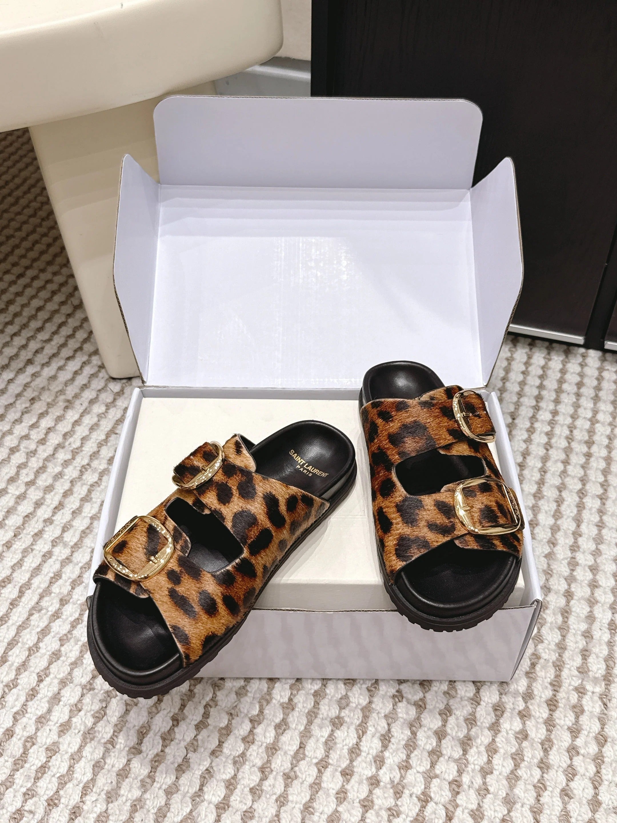 YSL 26ss Platform Slippers Black Leopard Print Leather Gold Buckle 663211