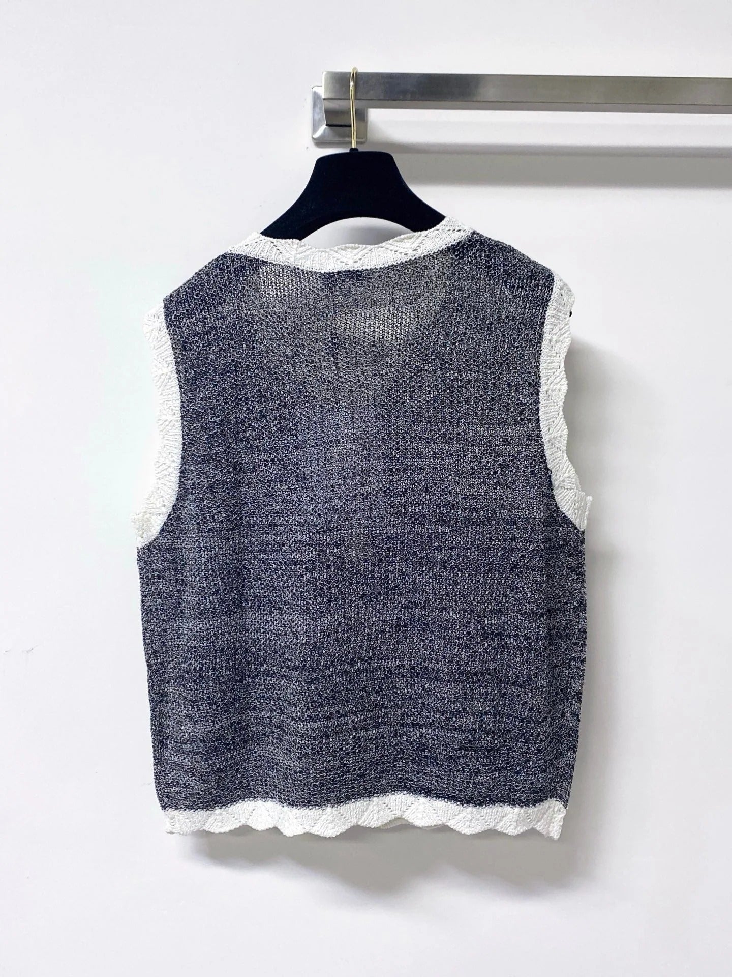 Chanel 2026 V-neck Knit Vest Grey With White Trim Cotton 427597