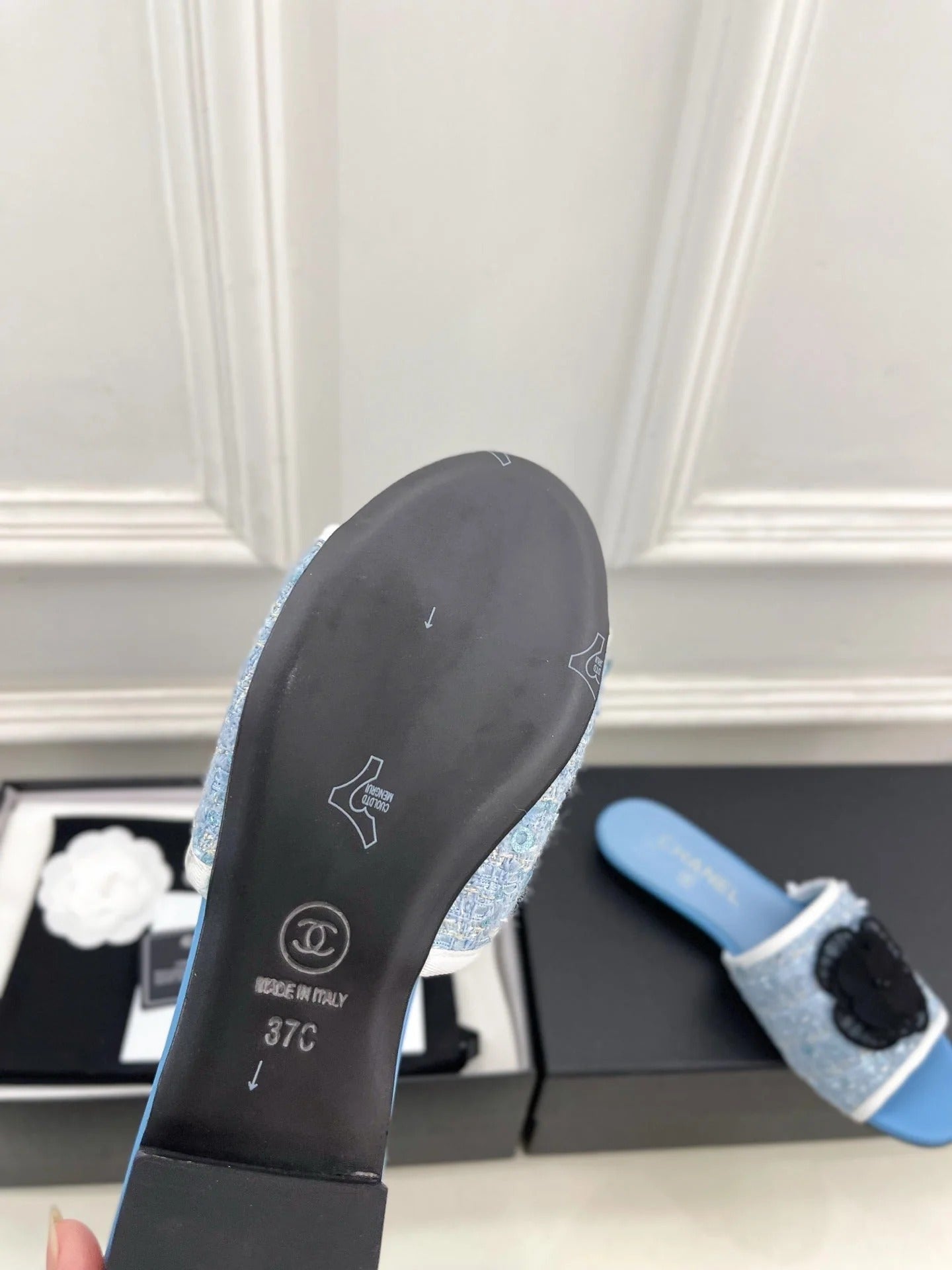 Chanel 2026 Camellia Flat Slippers Leather Sheepskin Tweed 831467
