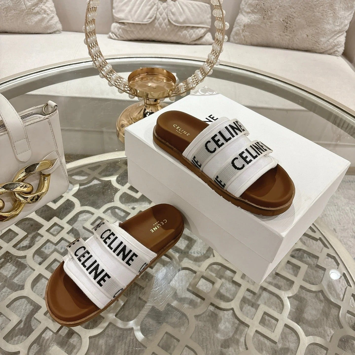 Celine 26 Pitea Sandals Jacquard Cotton Fabric Leather 736580