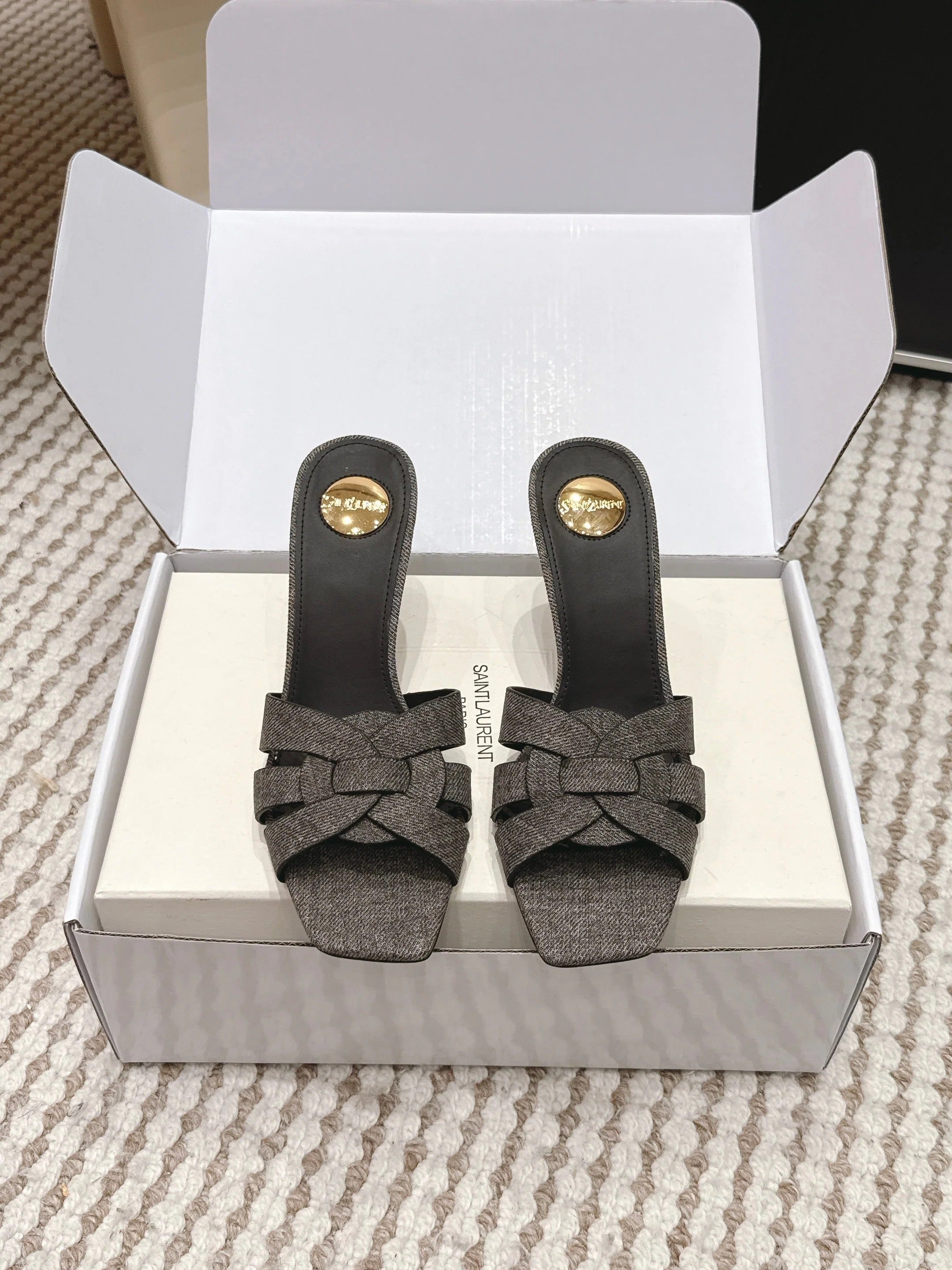 YSL 26ss High-Heeled Slippers 75 Dark Gray Canvas Calfskin 654748