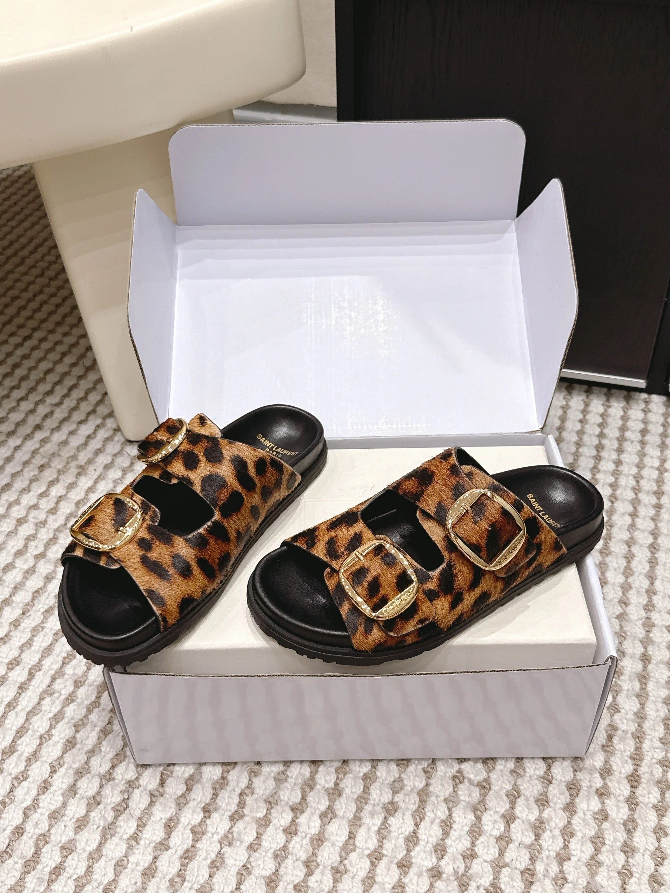YSL 26ss Platform Slippers Black Leopard Print Leather Gold Buckle 663211