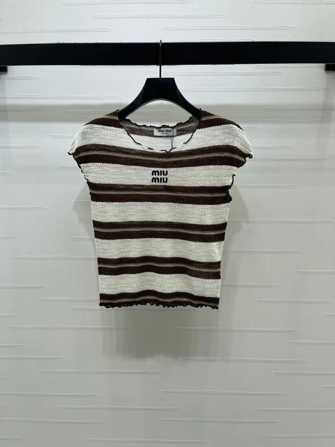 Miumiu 2026 Color-blocked Striped Knit Short-sleeved Top Cotton 380669