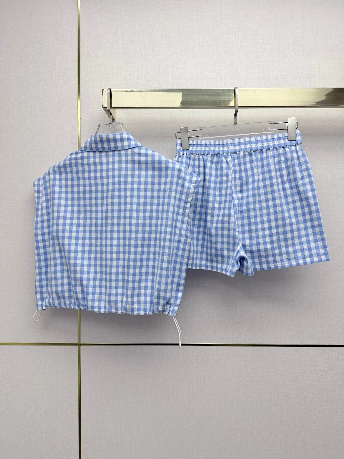 Prada 2026 Plaid Top With Short Blue White Cotton 393519