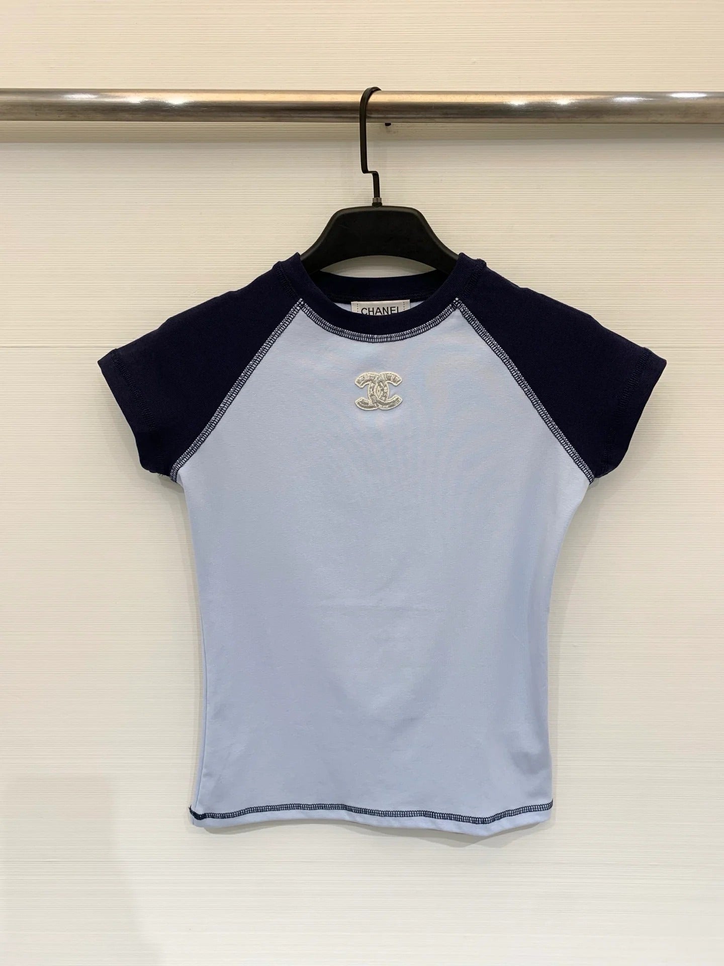 Chanel 2026 Short-Sleeve T-Shirt White Grey And Blue Cotton Fabric