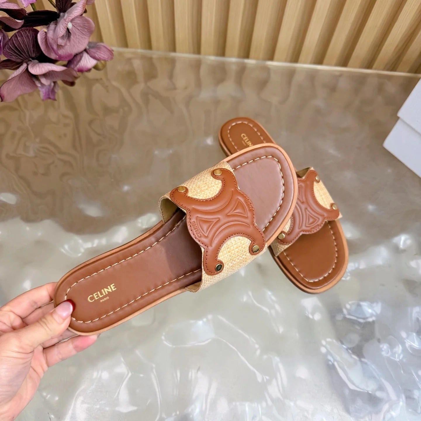 Celine 26 Triomphe Slide Sandals Leather 749443