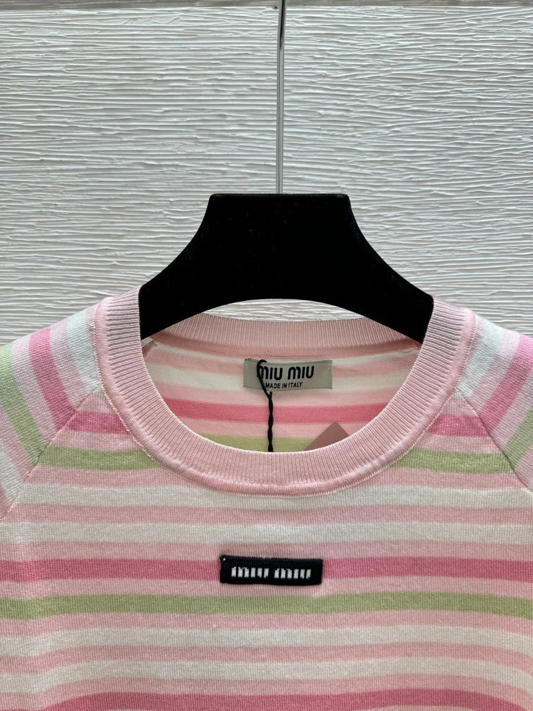 Miumiu 2026 Striped Crew Neck Knit Short-Sleeve T-Shirt Pink Blue Wool 397726