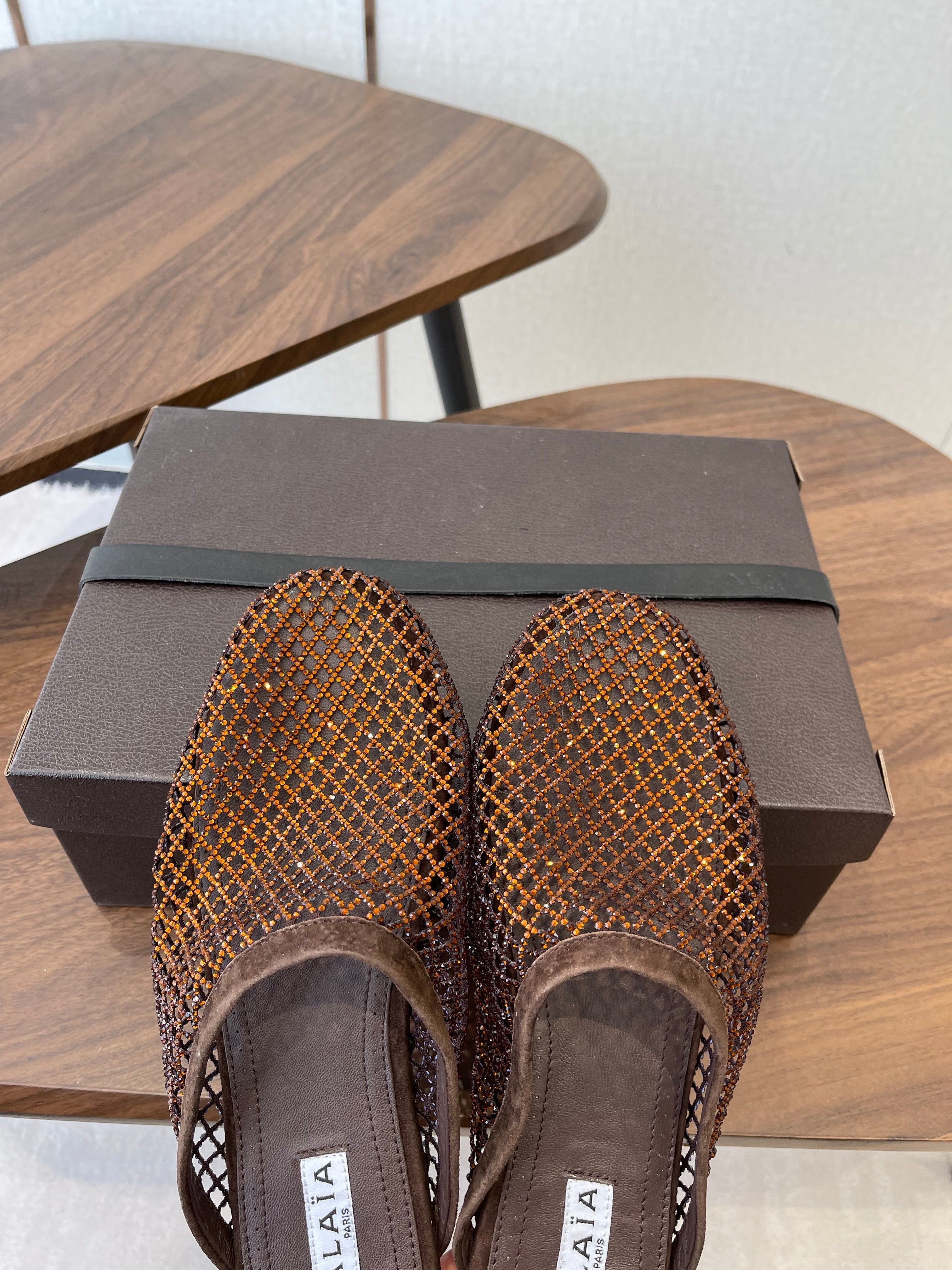 Alaia 26 Half-Slippers Brown Mesh Rhinestones 624903
