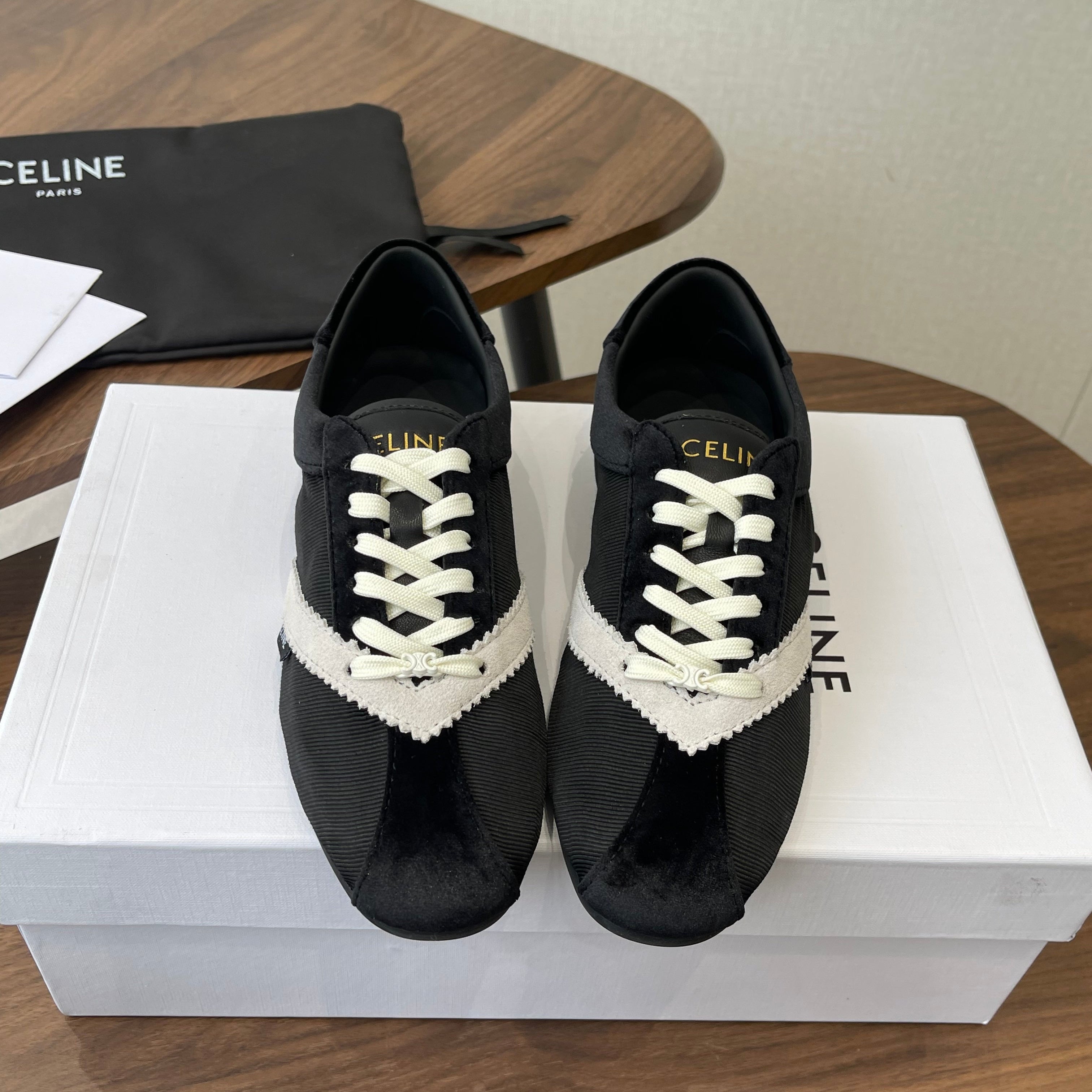 Celine 26 Flat Sneaker Black White Canvas Suede 624714