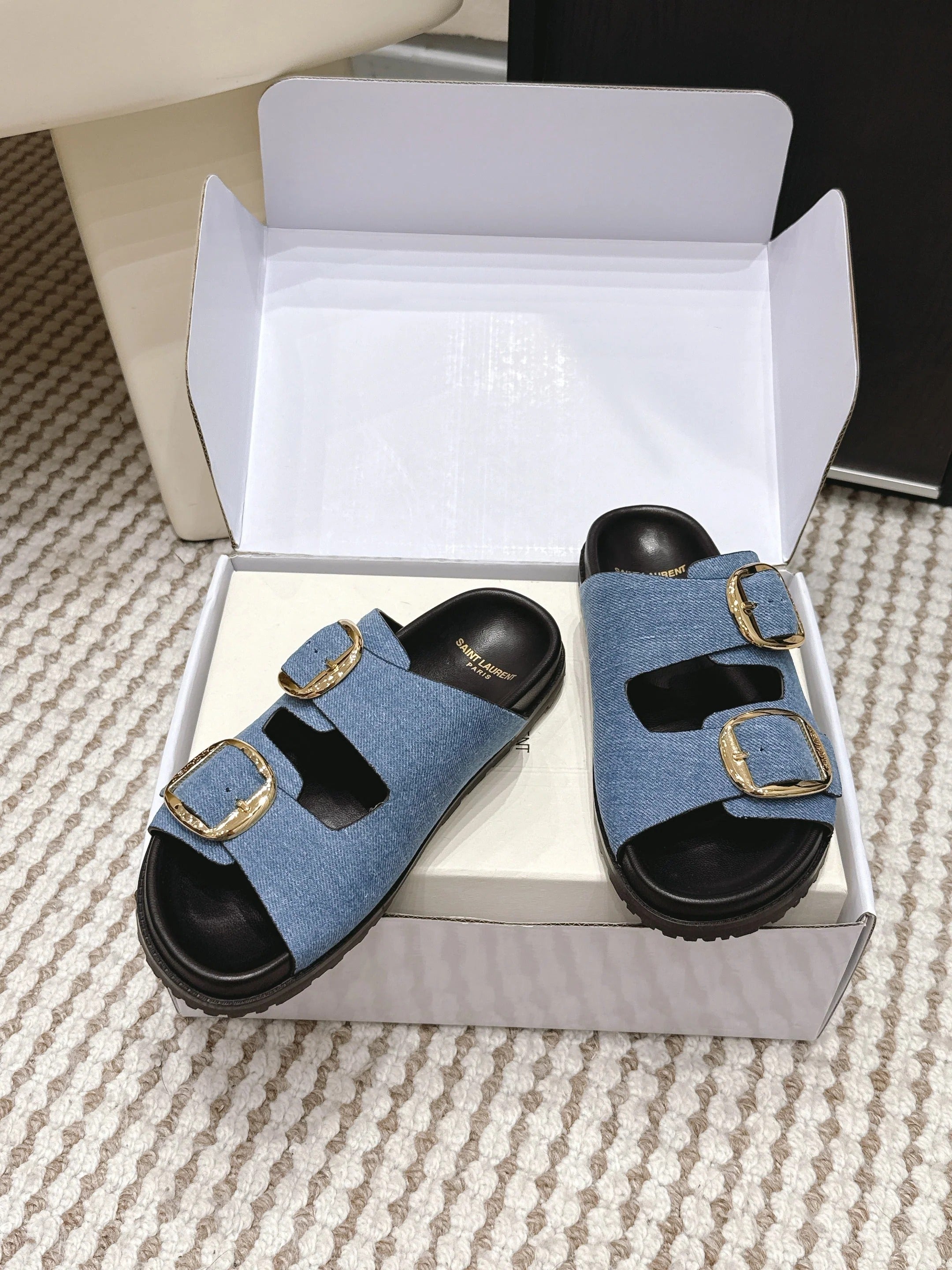 YSL 26ss Platform Slippers Black Blue Denim Leather 663209