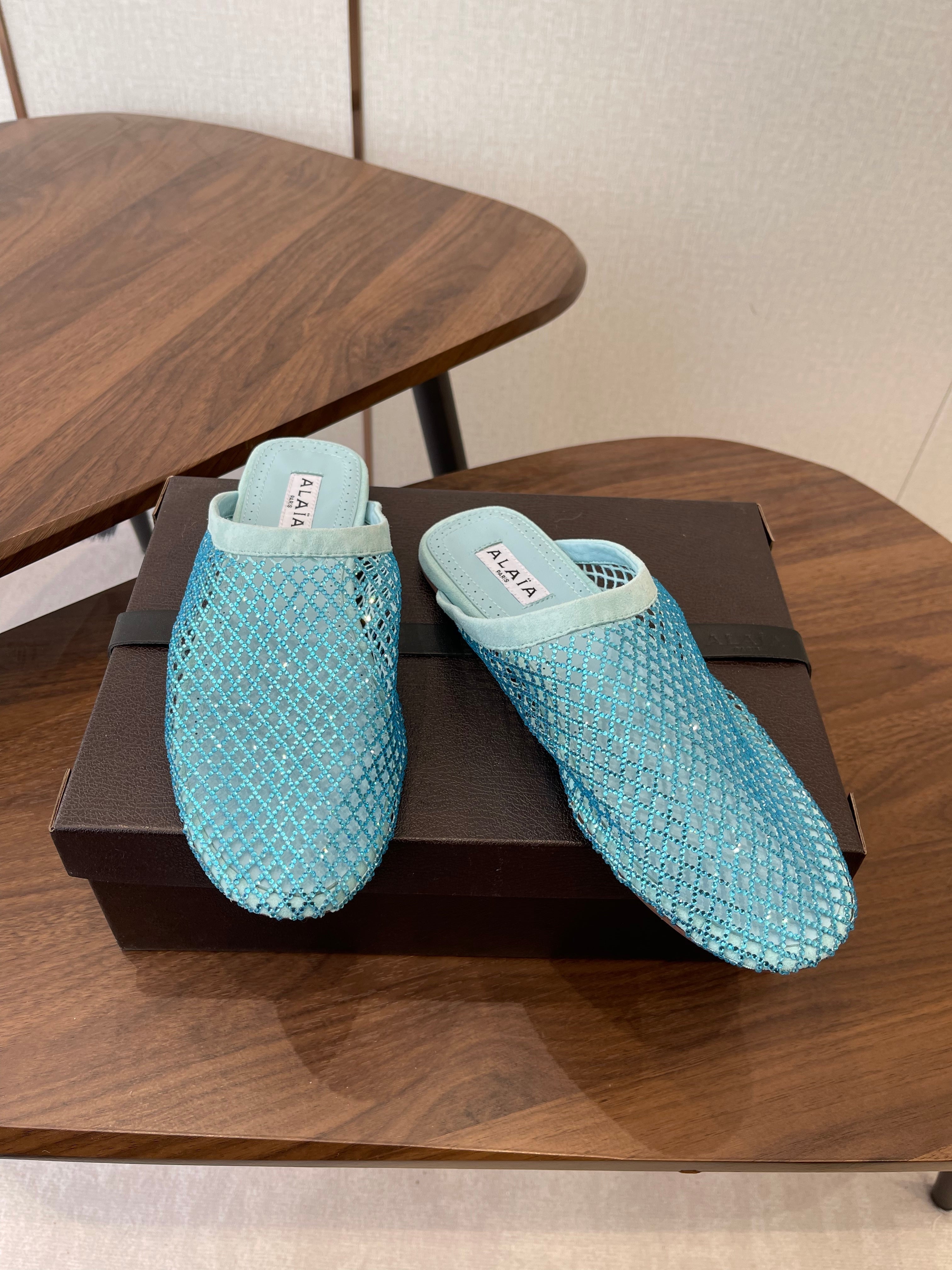 Alaia 26 Half-Slippers Blue Mesh Rhinestones 624905