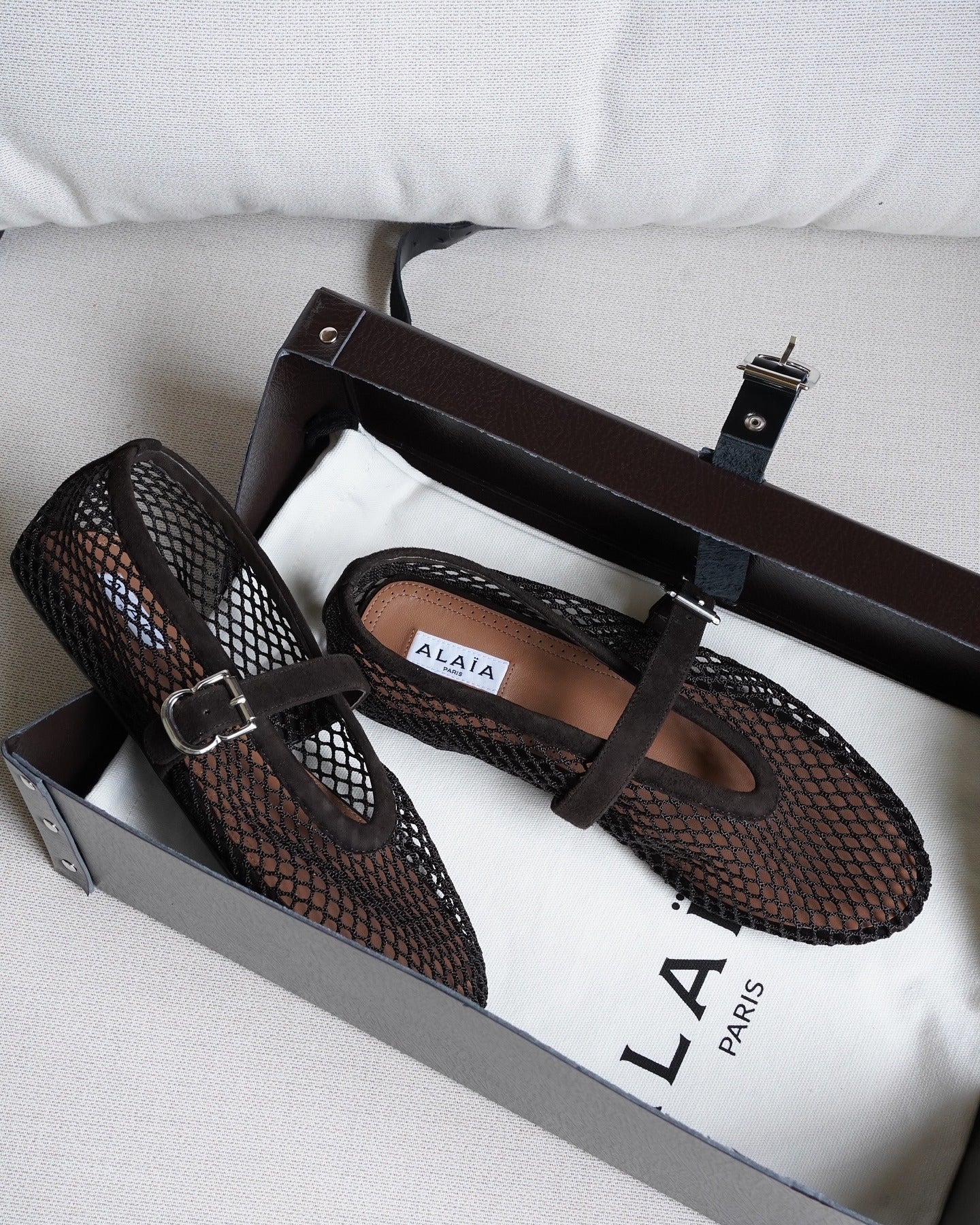 Alaia 26s Mesh Flats In Brown Suede