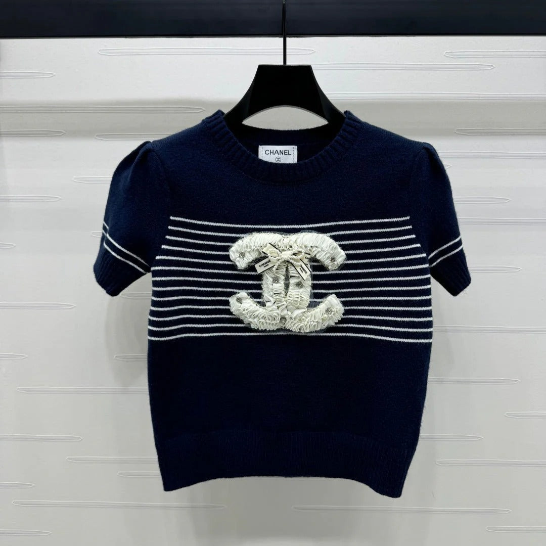 CHANEL SHORT-SLEEVE KNITTED PUFF-SLEEVE TOP 274951