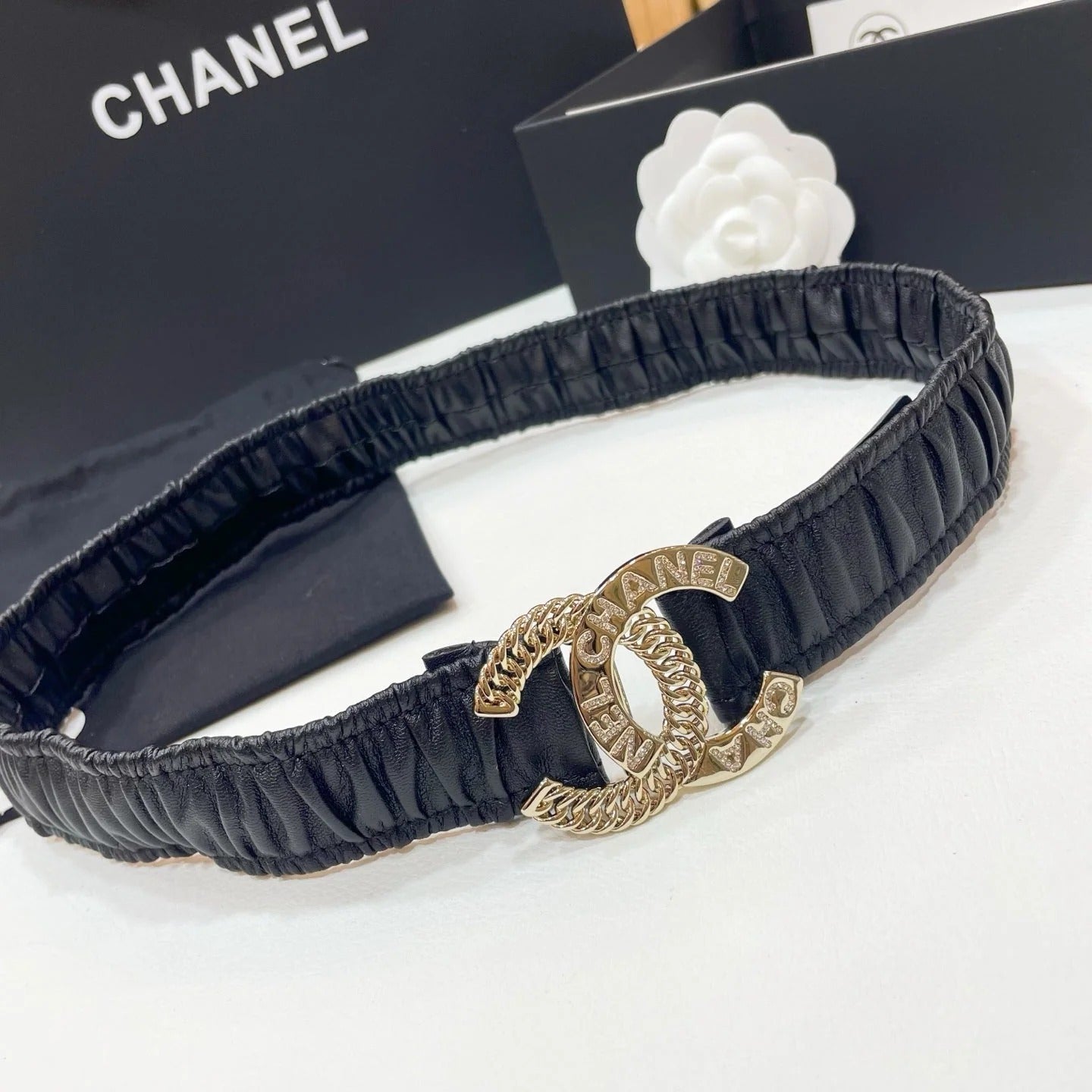 DOUBLE C ELASTIC BELT 30MM IN BLACK CALFSKIN GOLD CRYSTAL EMBELLISHED BUCKLE