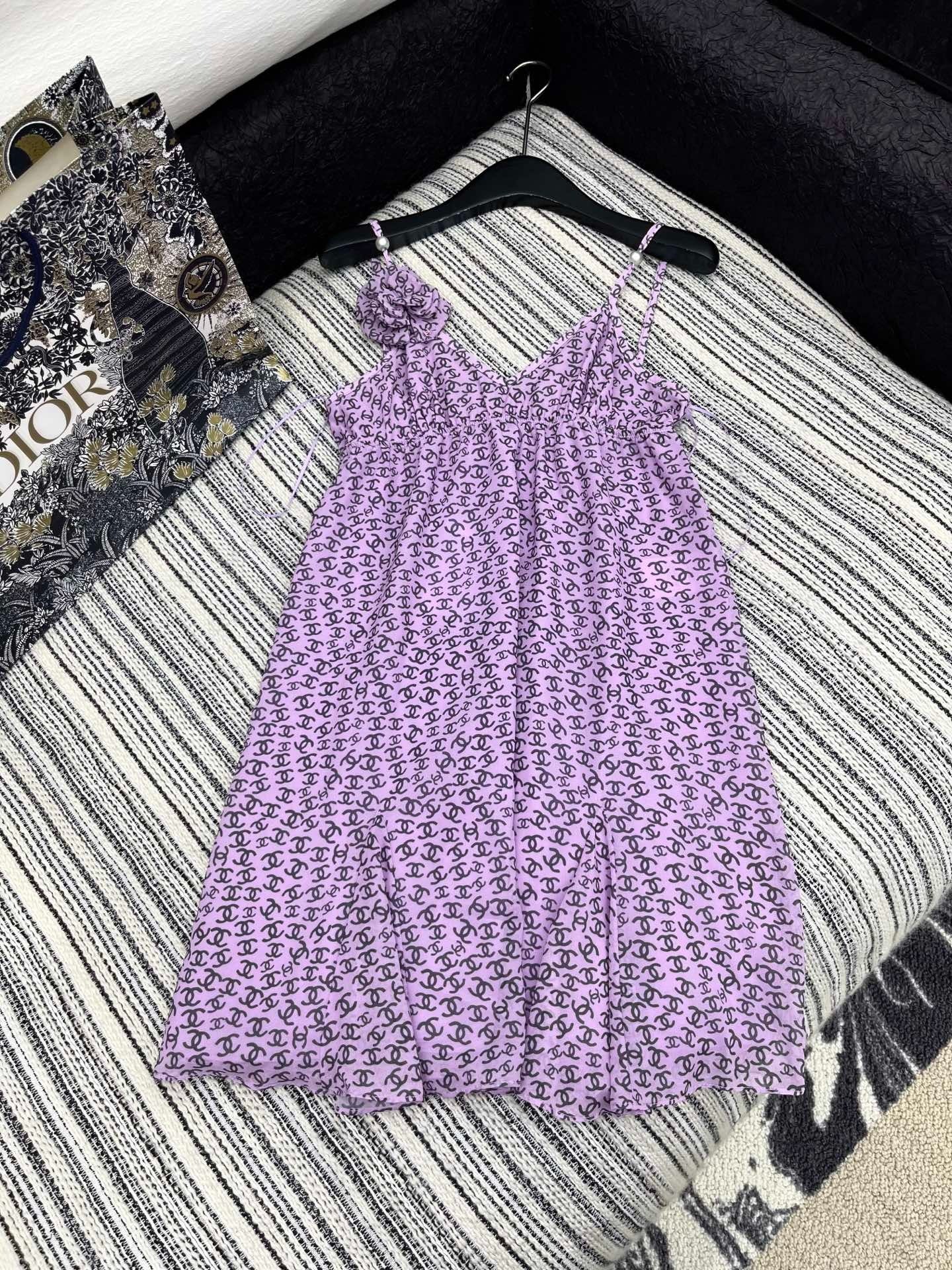 CHANEL PURPLE SILK CAMELLIA DRESS WITH PEARL DETAILS