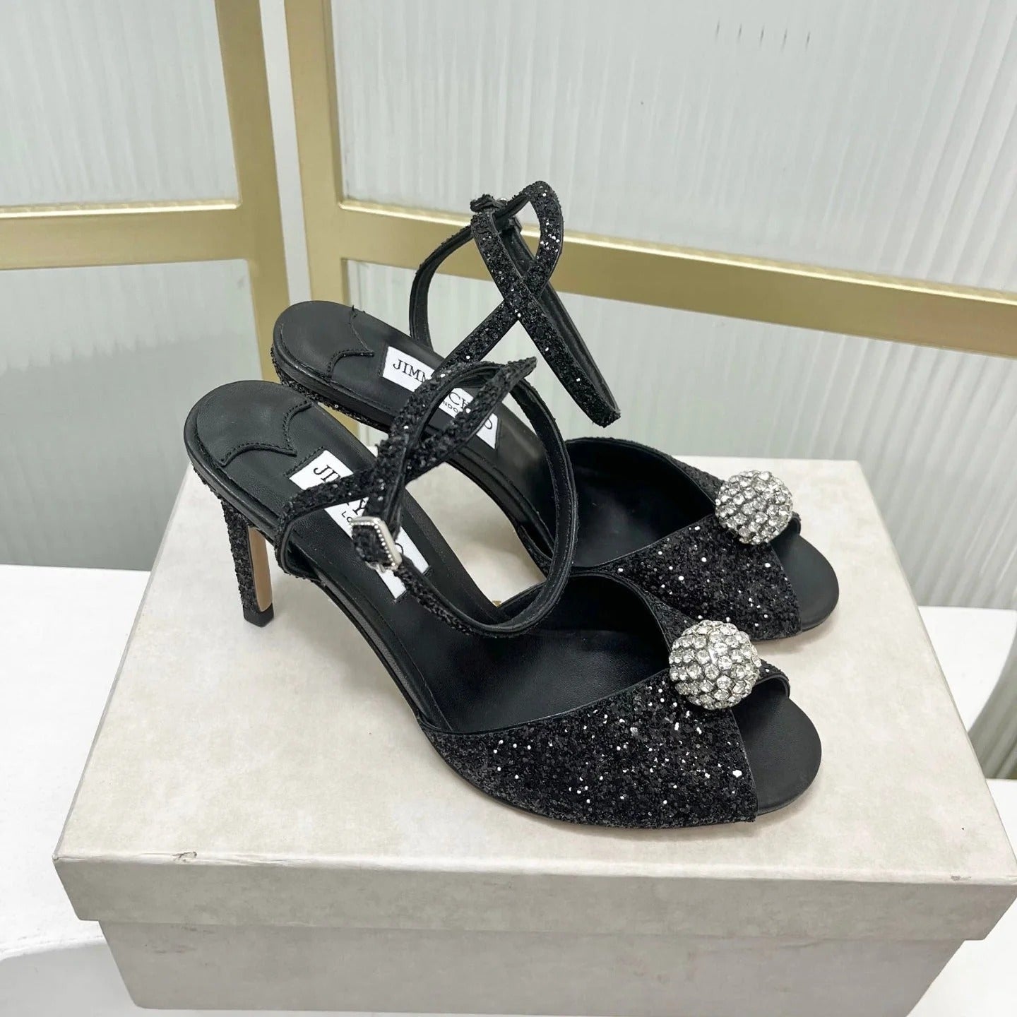 Jimmy 26s Peep-Toe High Heels 85 Black Lace Sheepskin 605975