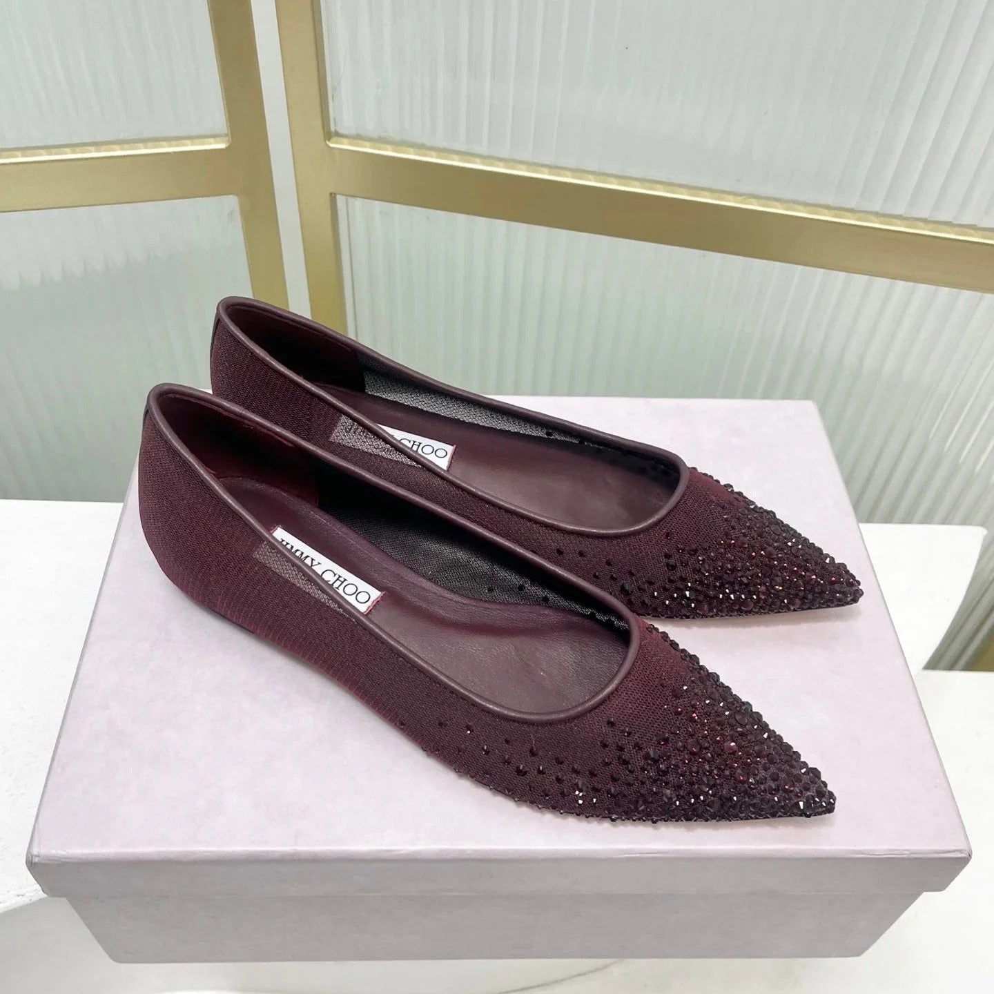 Jimmy 26s Ballet Flats Burgundy Rhinestones Mesh Sheepskin 605980