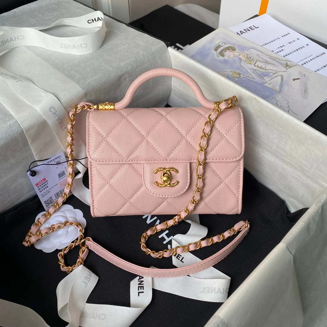 CC 25S FLAP BAG 18 CM IN LIGHT PINK GRAINED LAMBSKIN WITH TOP HANDLE