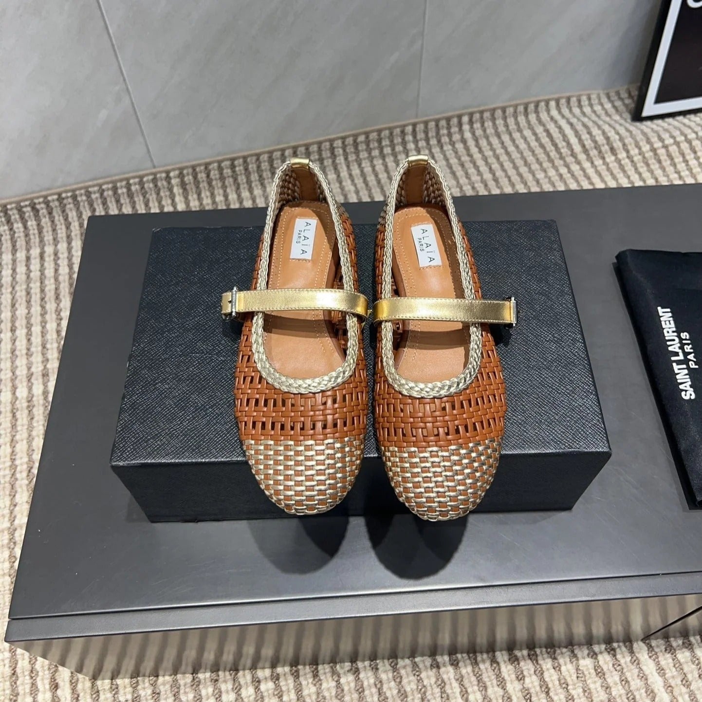 Alaia Mary Jane Flats Woven Pattern 25s In Brown Calfskin