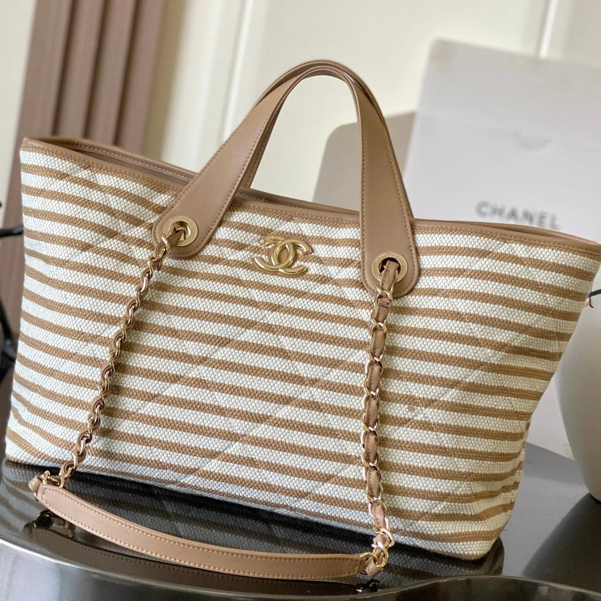 Chanel 2026 Deauville Tote Bag 46cm Beige mix White Canvas Leather 331126
