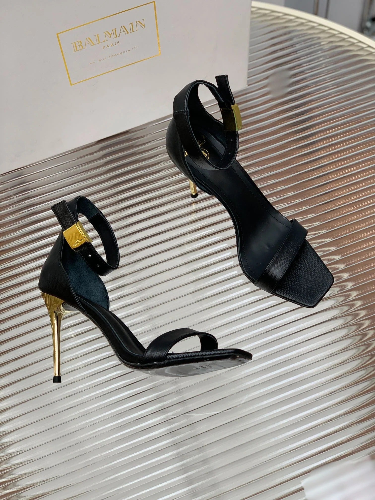 BALMAIN 25S METAL BUCKLE HIGH HEELS 95MM IN BLACK CALFSKIN