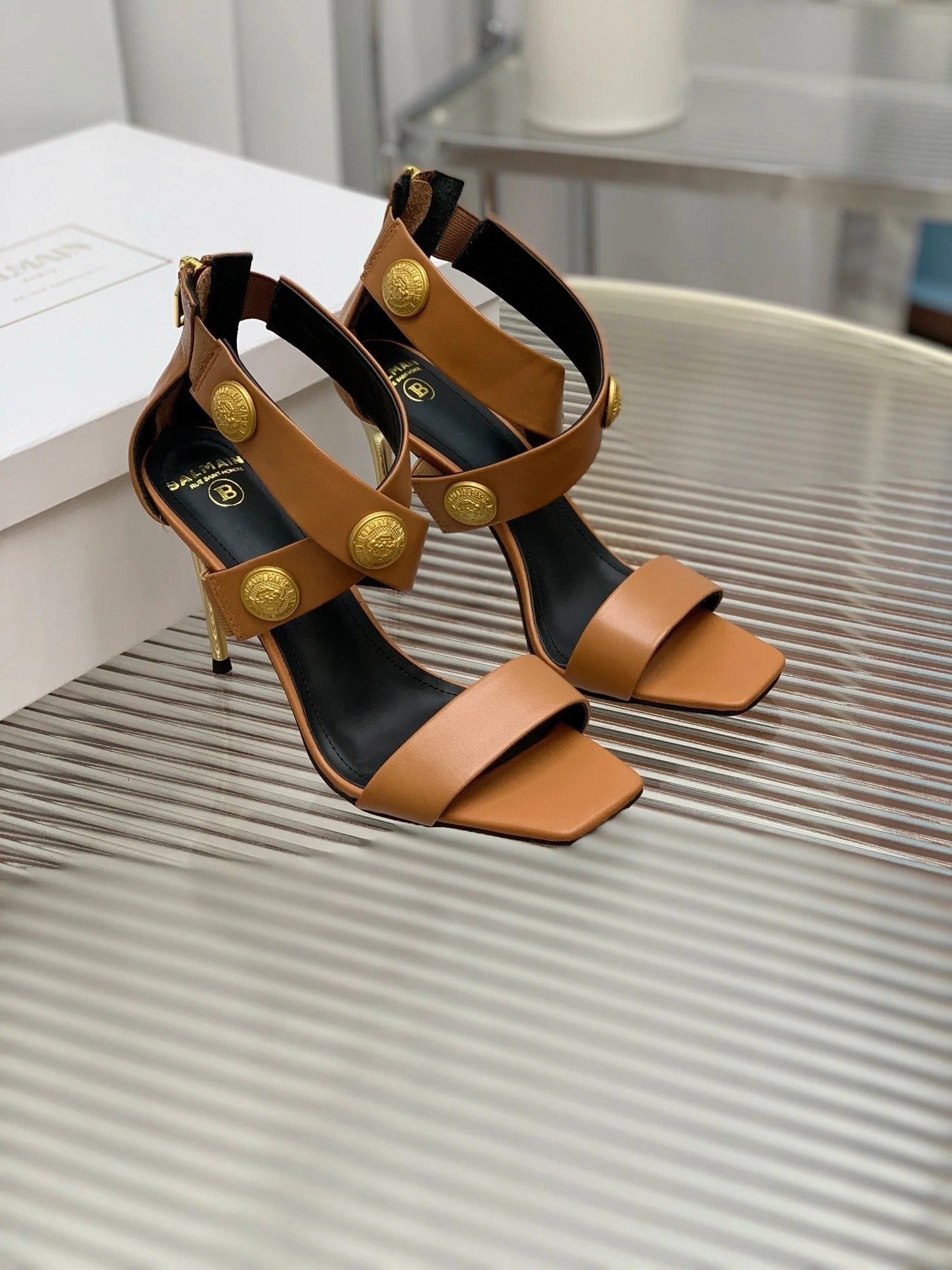 BALMAIN 25S CROSSOVER STRAP HIGH HEELS 95MM IN BROWN CALFSKIN