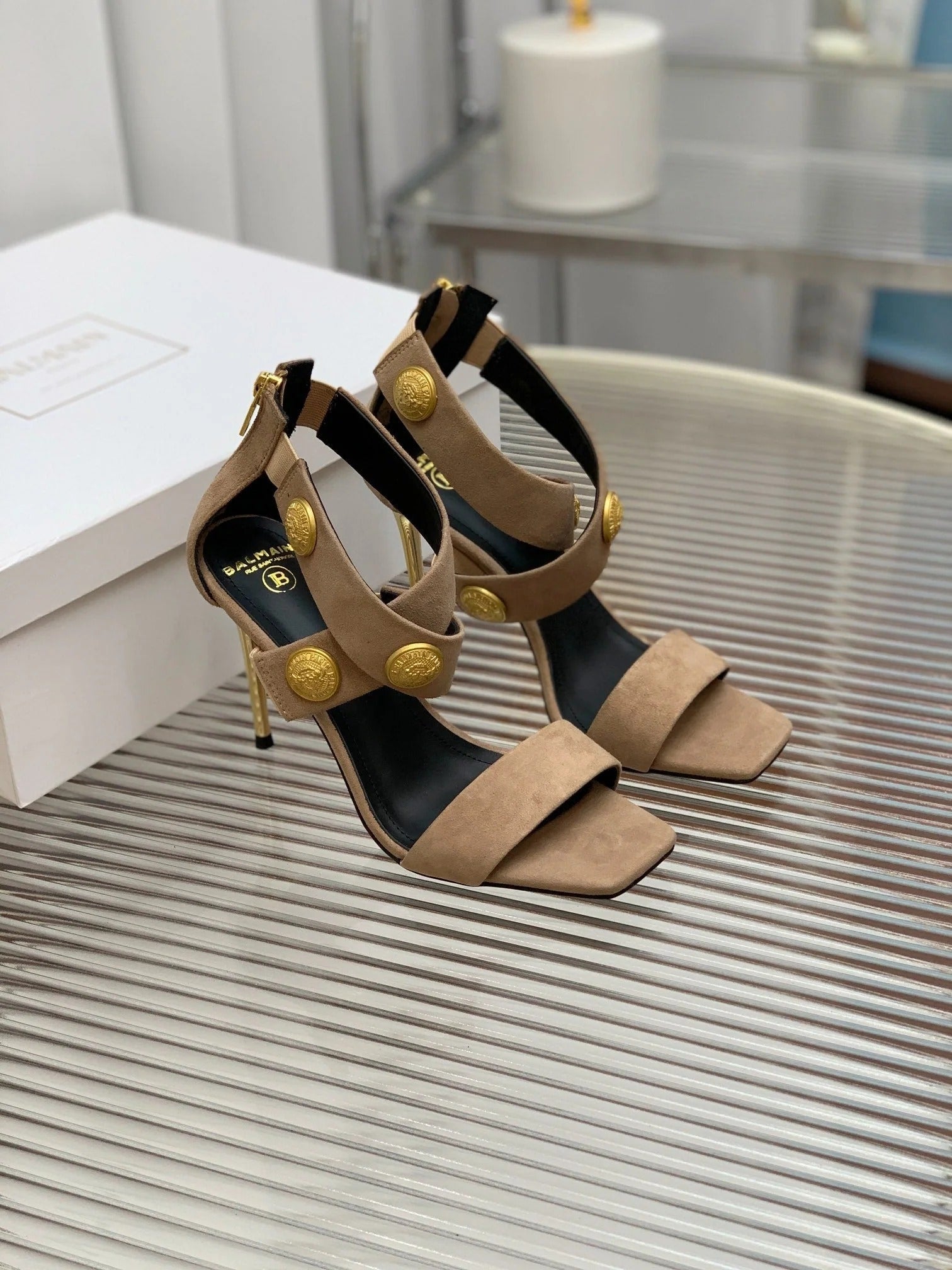 BALMAIN 25S CROSSOVER STRAP HIGH HEELS 95MM IN LIGHT BROWN SUEDE